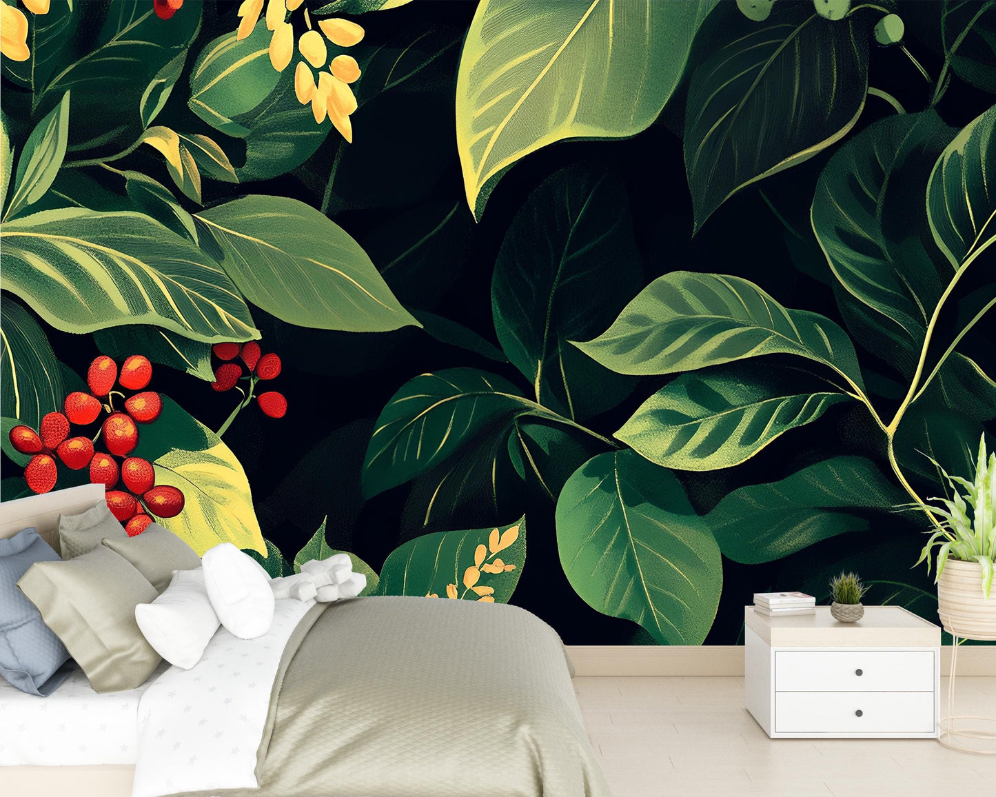 Tropical Botanical Wall Mural – Large Leaf Jungle Wallpaper for Bedroom, Peel and Stick Nature-Inspired Accent Wall Vn206
