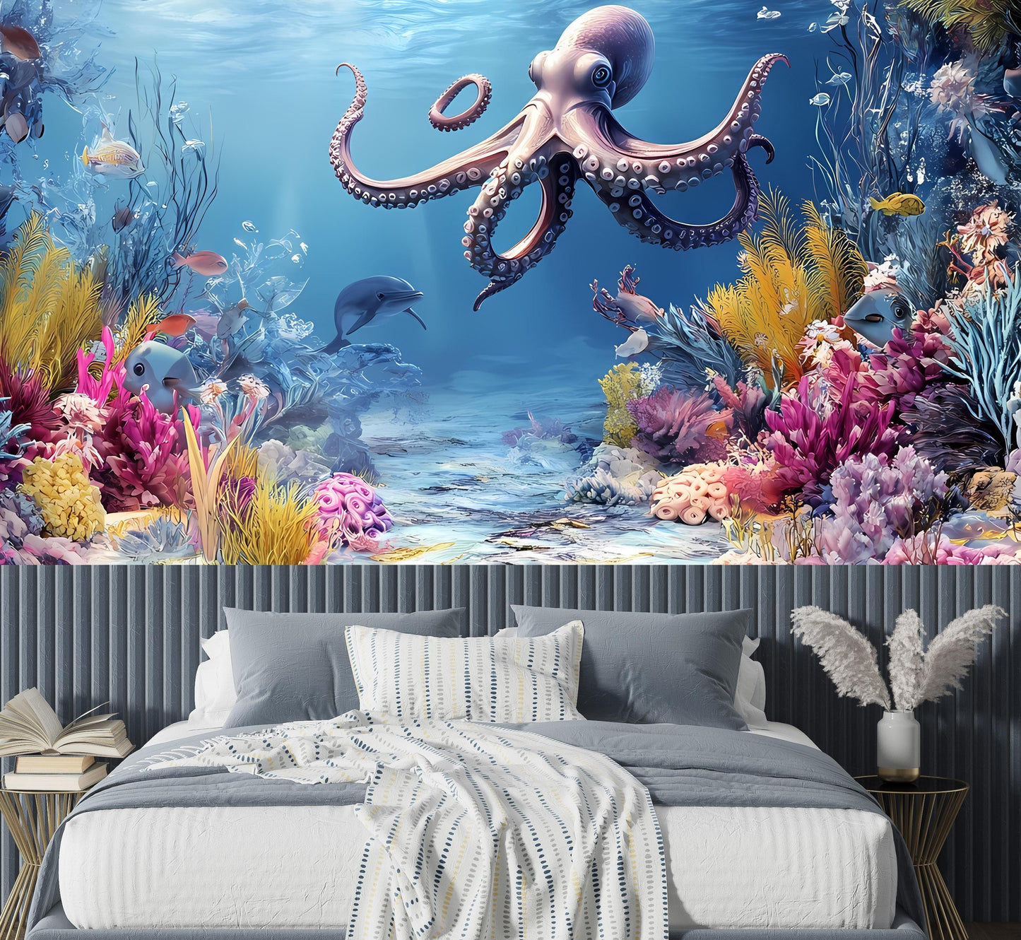 Underwater Ocean Wall Mural for Kids Room – Octopus & Sea Life Scene – Colorful Sea Nursery Wallpaper Vn010