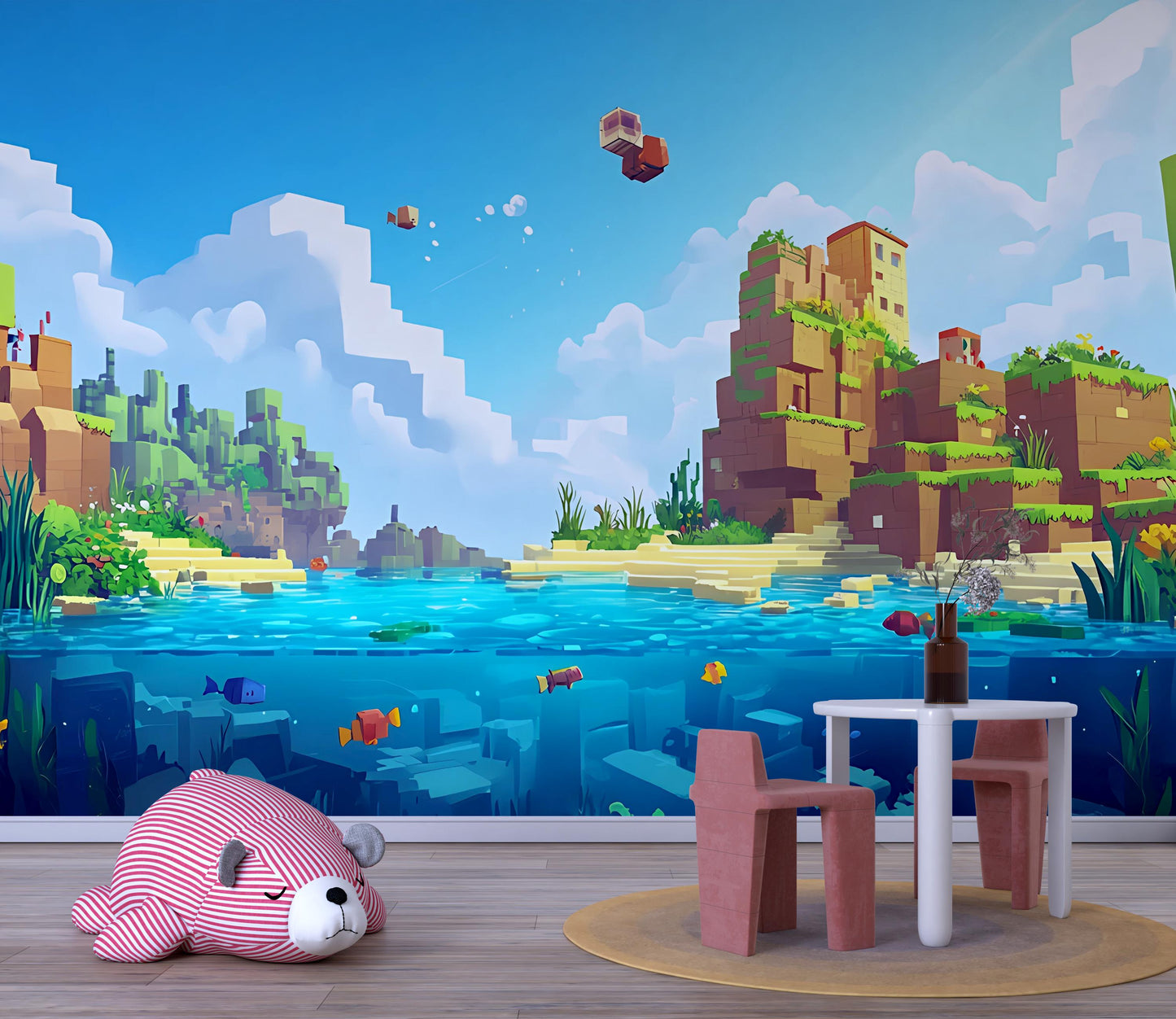 Minecraft Style Kids Wall Mural - Pixel Art Lake Scene Wallpaper - Boys Room Decor Vn280