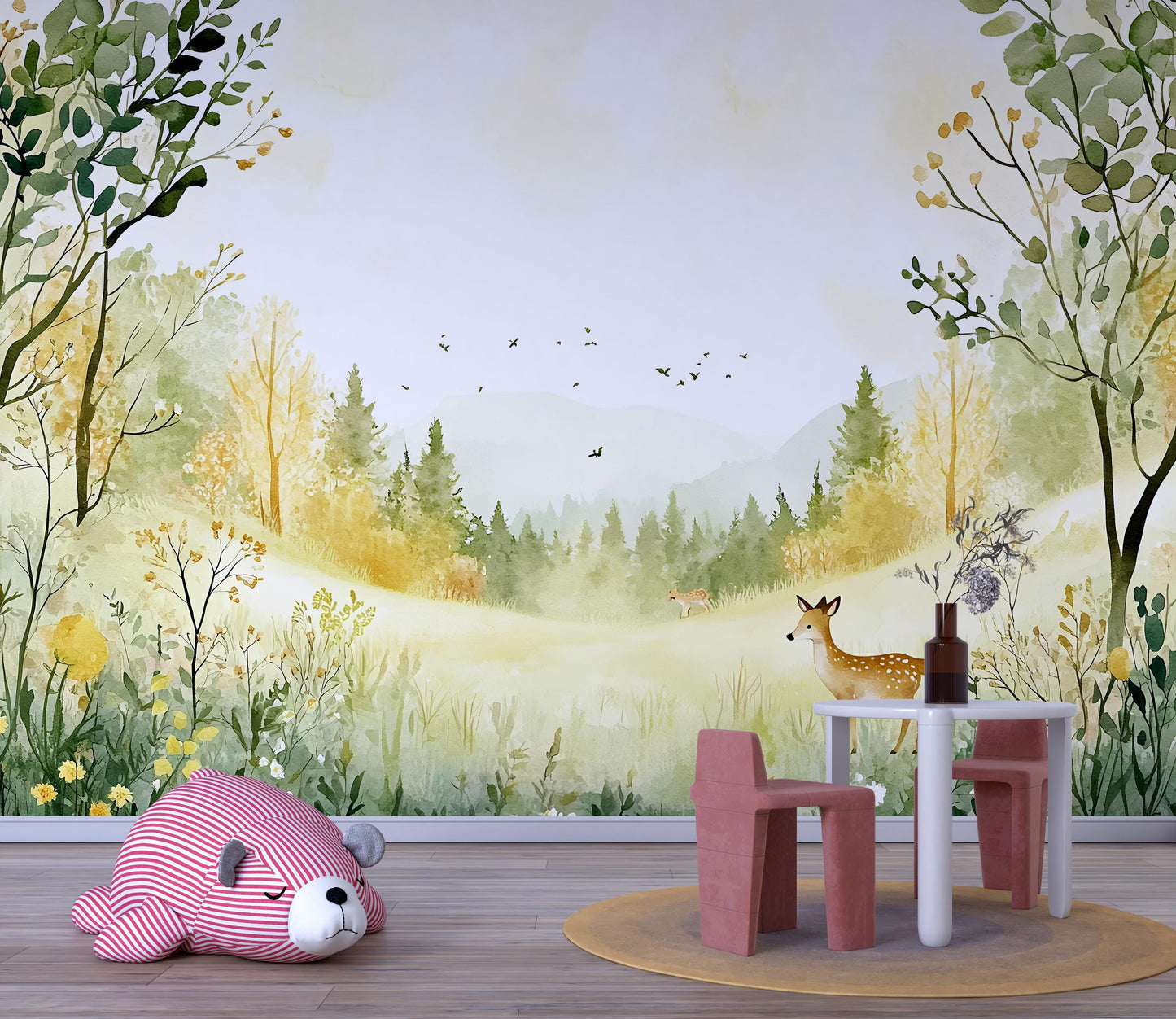 Woodland Forest Nursery Wall Mural – Nature Themed Wallpaper for Baby Room, Gender Neutral Scenic Wall Art Vn261