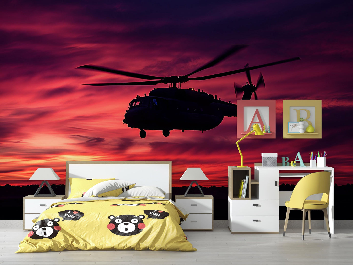 Helicopter Wall Mural for Boys Bedroom – Military Aircraft Sunset Wallpaper – Teen Room Decor – Aviation Theme Wall Art Vn460