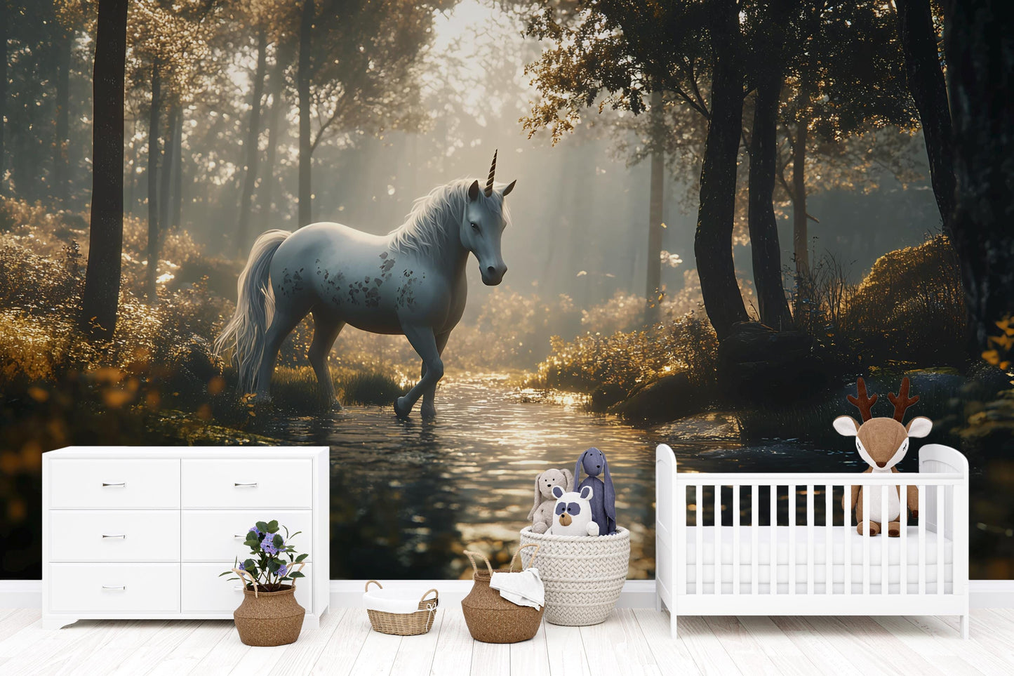 Magical Unicorn Forest Wall Mural for Kids Room | Fantasy Woodland Wallpaper Vn 300