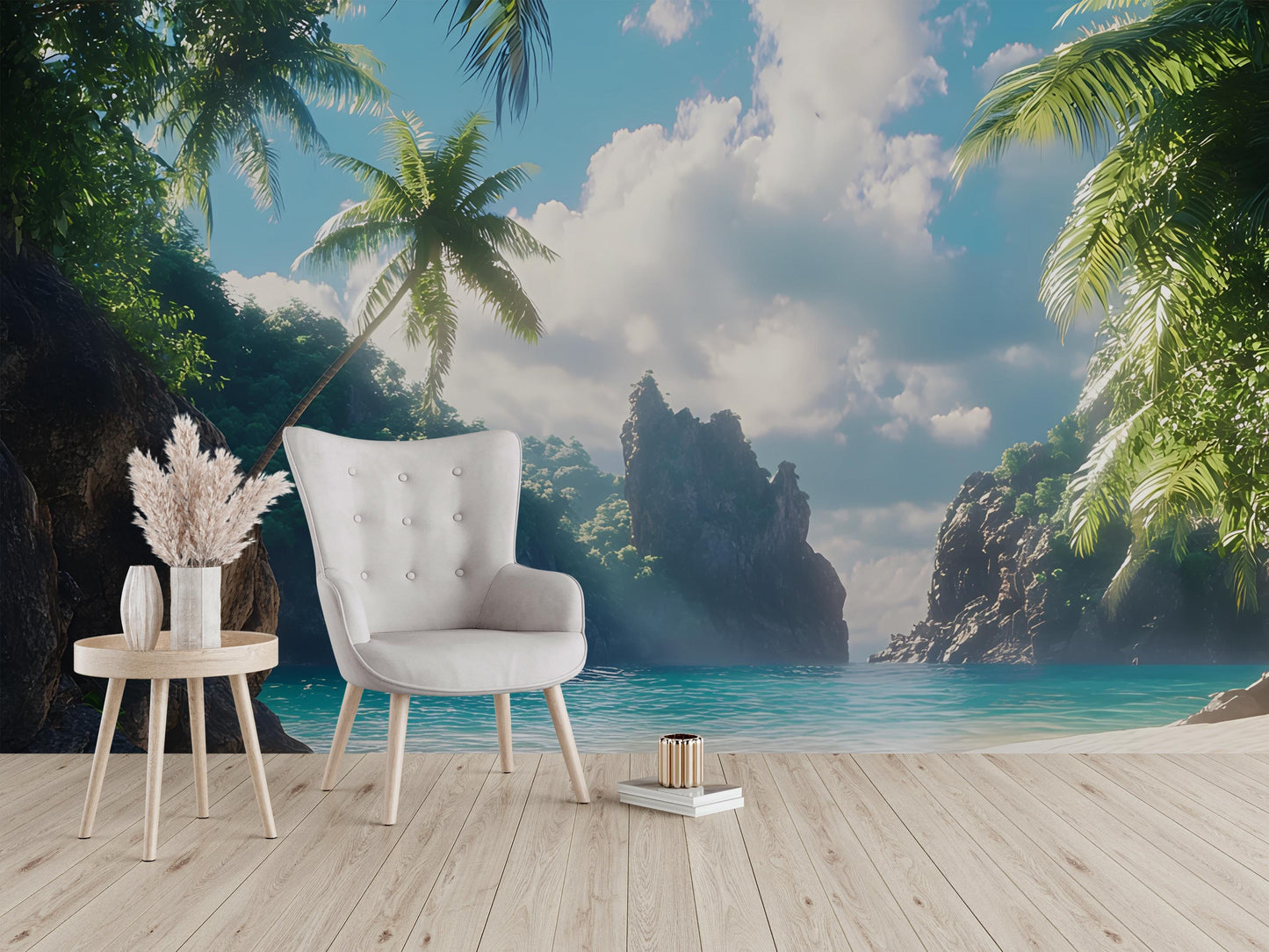 Tropical Beach Wall Mural | 3D Ocean View Wallpaper | Coastal Palm Tree Decor | Relaxing Island Paradise Scene Vn292
