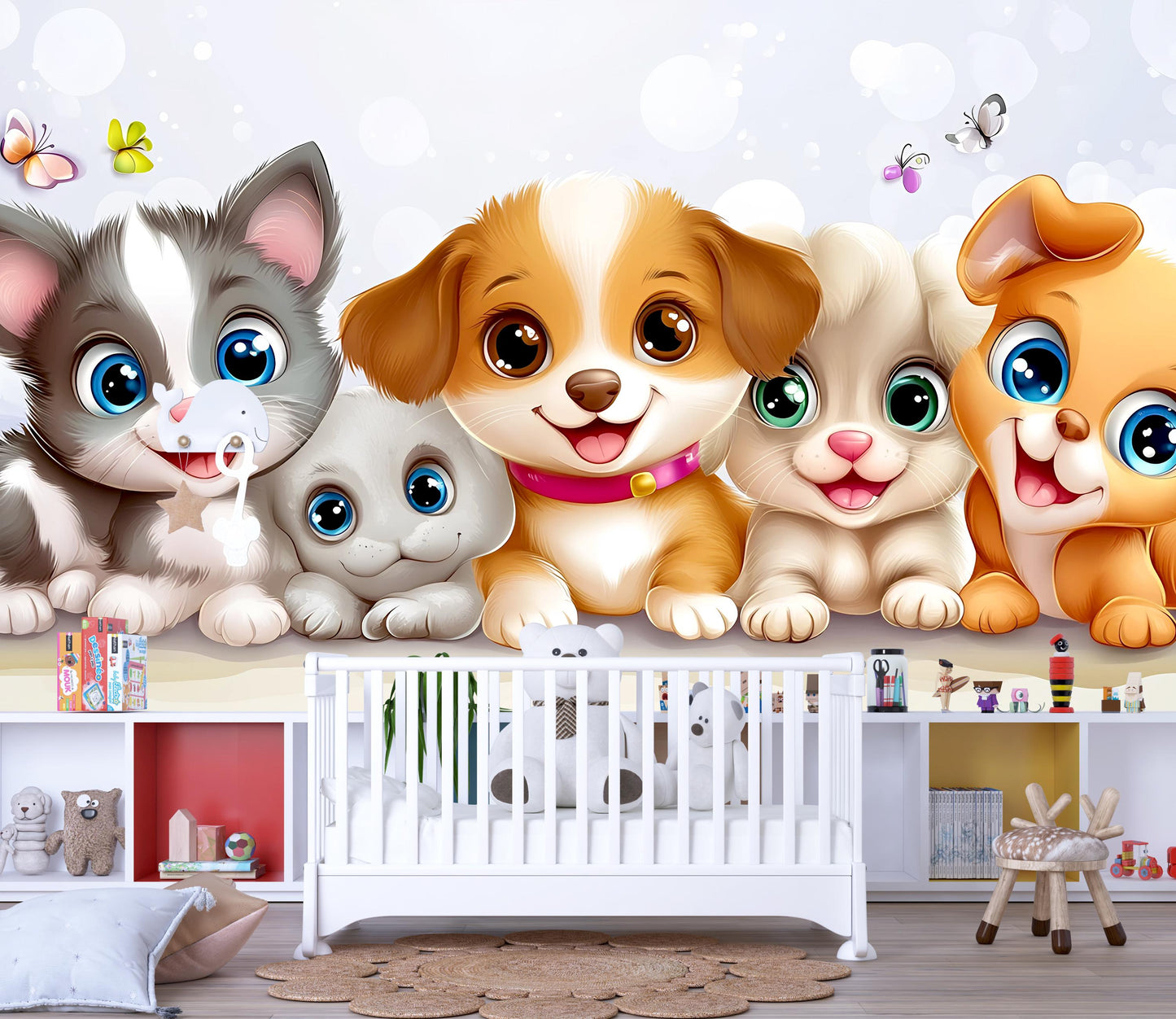 Cute Puppy & Kitten Wall Mural – Cartoon Animal Wallpaper for Nursery, Kids Room Decor – Large Removable Art Print Vn320
