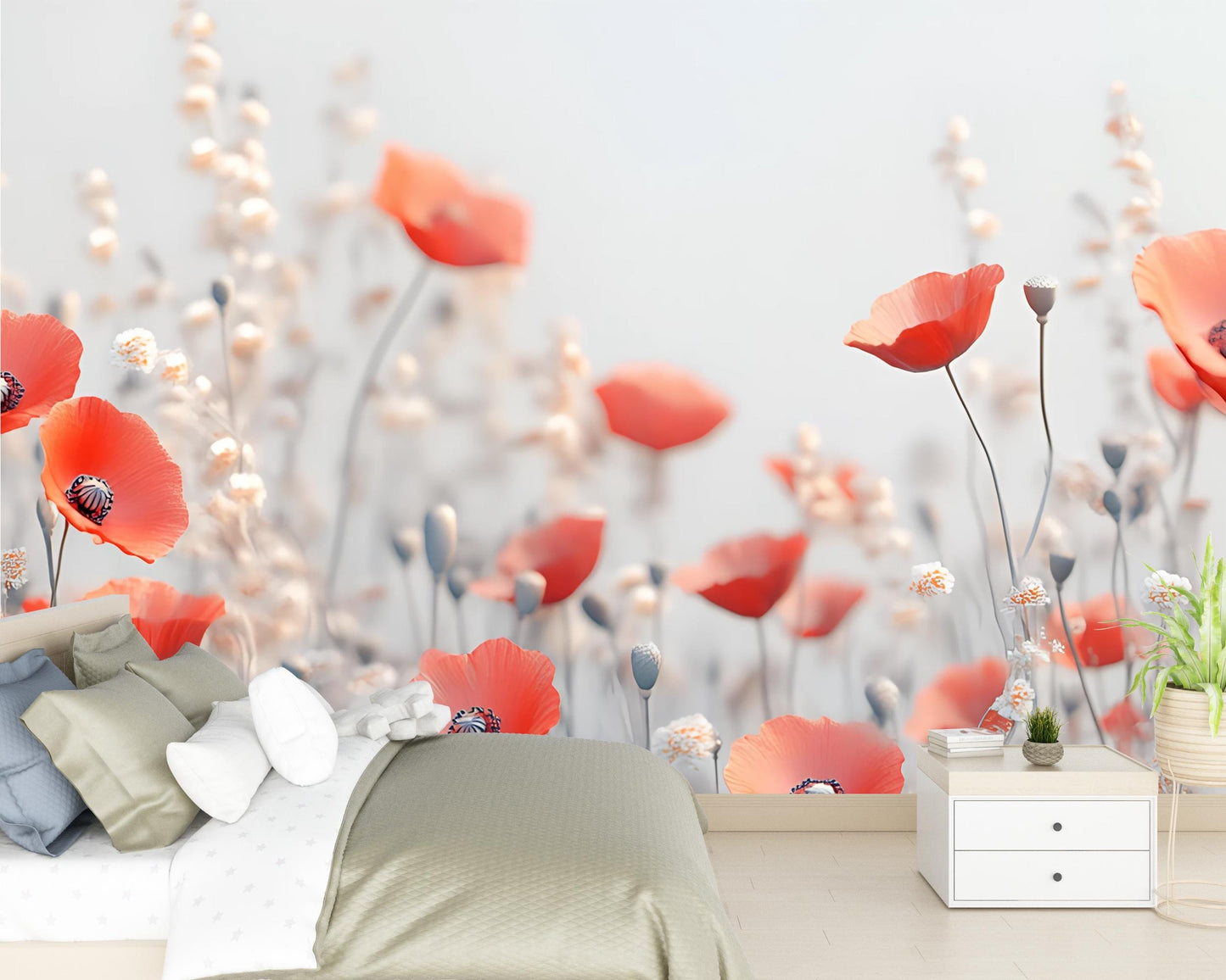 Red Poppy Flower Wall Mural | Modern Floral Bedroom Wallpaper | Botanical Large-Scale Peel & Stick Mural Vn334