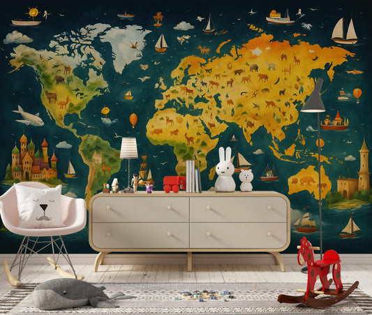 World Map Kids Wall Mural | Educational Wallpaper | Adventure Theme Nursery Decor | Geography Playroom Wall Art Vn423