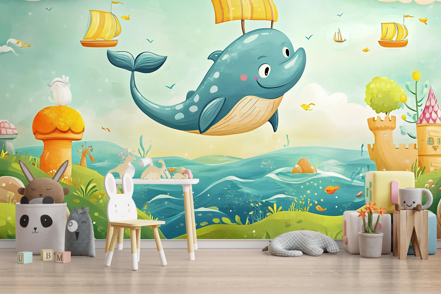 Flying Whale Wall Mural | Fantasy Ocean Kids Wallpaper | Cute Animal Nursery Decor | Magical Sea Scene Art for Playroom or Bedroom Vn439