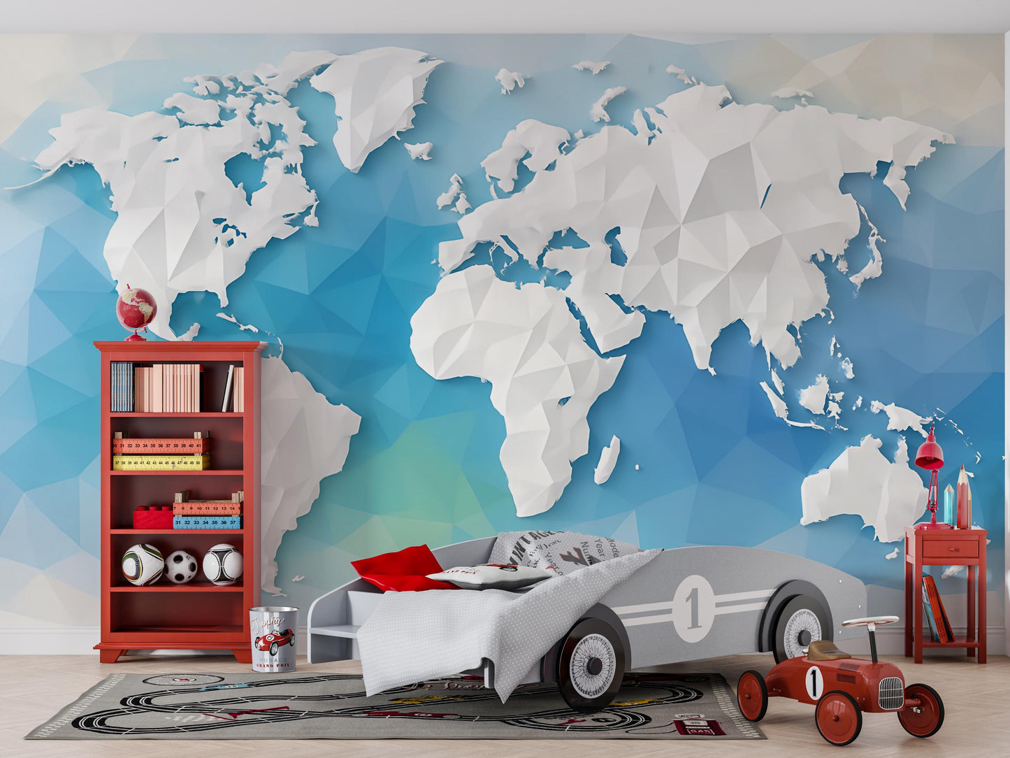 3D Polygon World Map Wall Mural – Modern Geometric World Map Wallpaper for Office, Kids Room, or Travel Decor Vn422