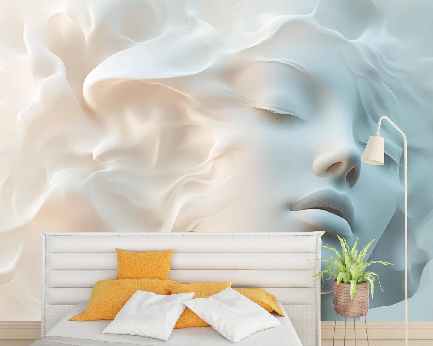 Dreamy Surreal Face Wall Mural – Soft Abstract Woman Portrait Art for Bedroom, Modern 3D Textured Look Wallpaper Vn265