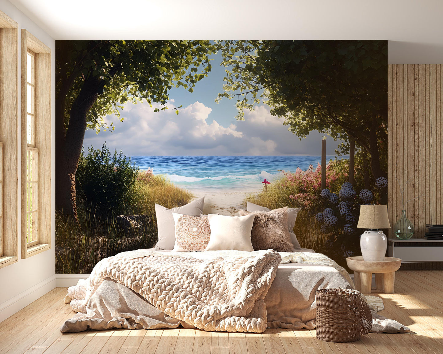 Beach Wall Mural for Bedroom – Ocean View Removable Wallpaper, Coastal Nature Landscape, Serene Sea Backdrop for Home Decor Vn289