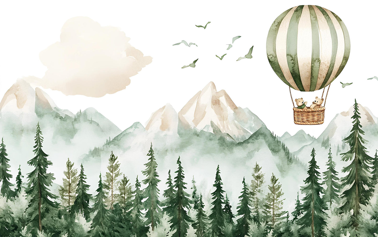 Woodland Forest Mountain Wall Mural for Kids Room – Hot Air Balloon Animal Nursery Wallpaper – Adventure Baby Room Decor Vn444
