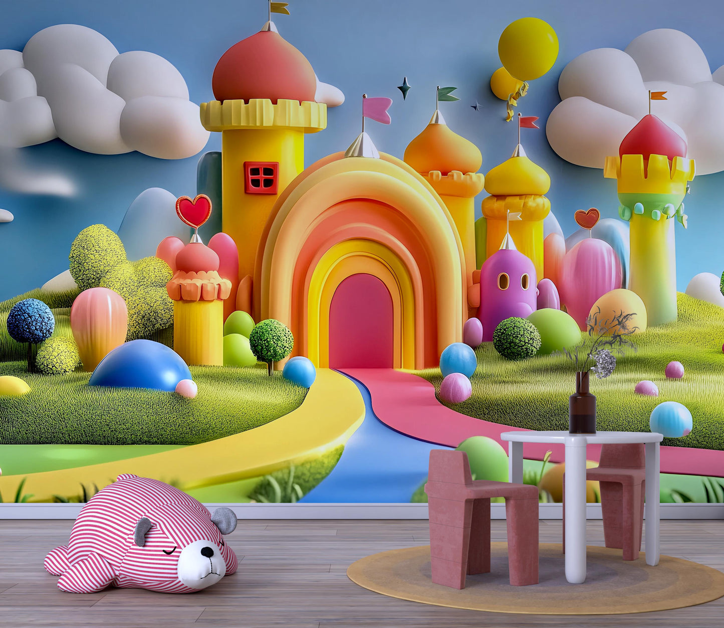 Colorful Fantasy Castle Nursery Wall Art | Whimsical Baby Room Mural | Rainbow Fairy Tale Print for Kids Room | Digital Download Vn331