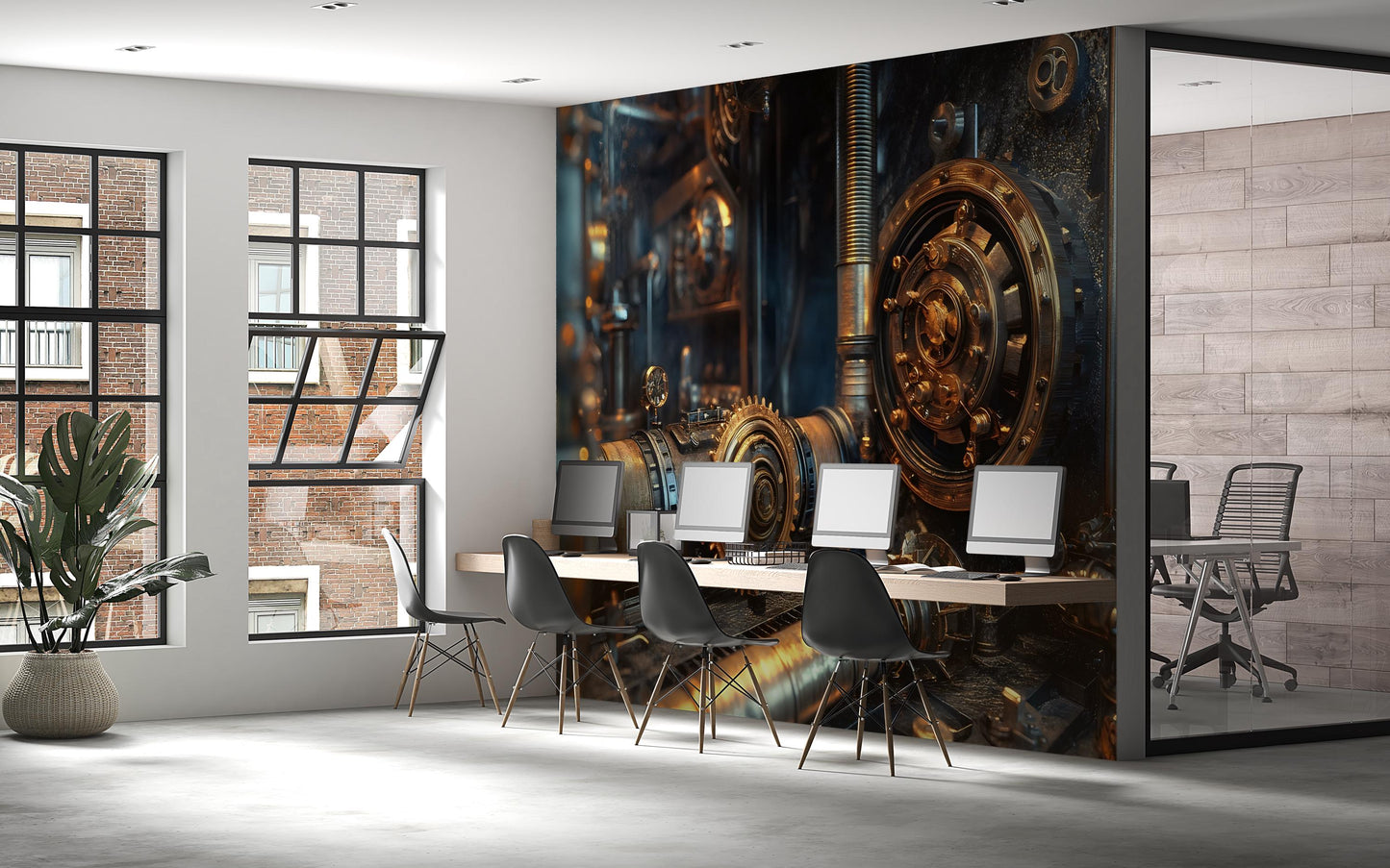 Steampunk Industrial Gear Wall Mural – Retro Mechanical Machine Art, Sci-Fi Decor for Office, Loft, or Studio Accent Wall Vn383