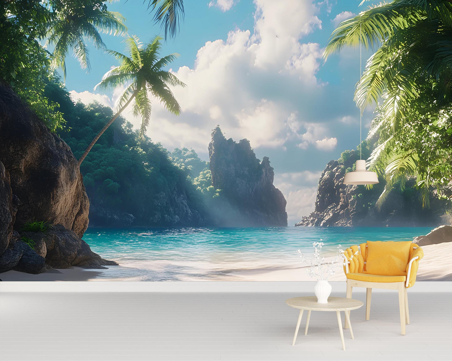 Tropical Beach Wall Mural | 3D Ocean View Wallpaper | Coastal Palm Tree Decor | Relaxing Island Paradise Scene Vn292