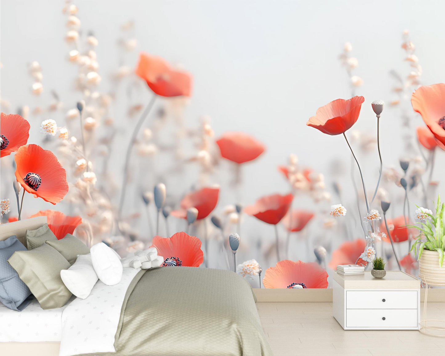 Red Poppy Flower Wall Mural | Modern Floral Bedroom Wallpaper | Botanical Large-Scale Peel & Stick Mural Vn334