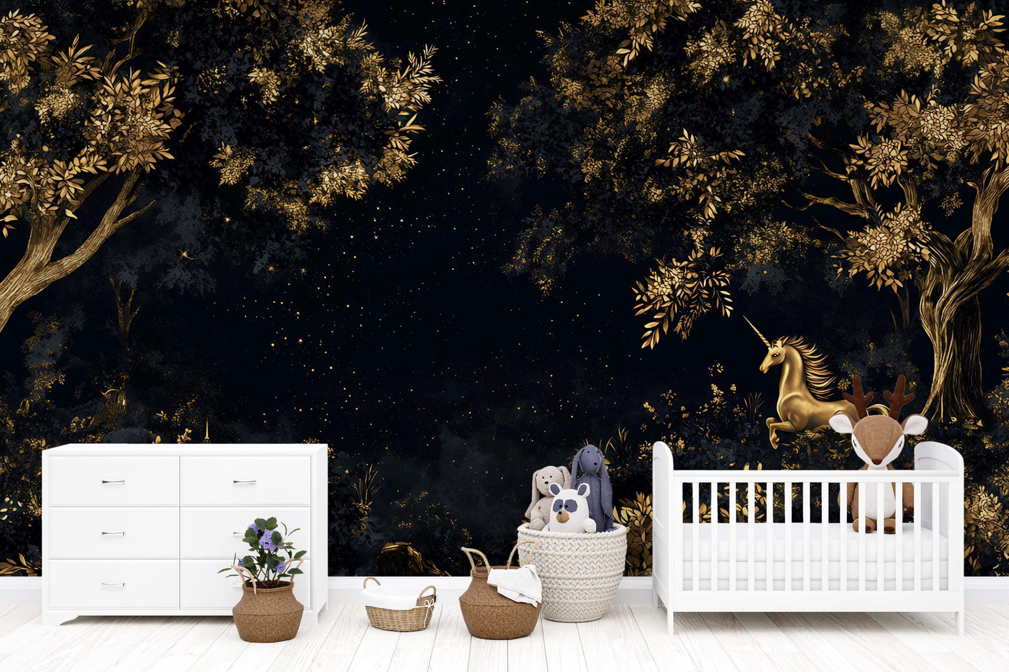 Magical Unicorn Forest Mural Wallpaper – Kids Room Dark Gold Fantasy Wall Art Vn179