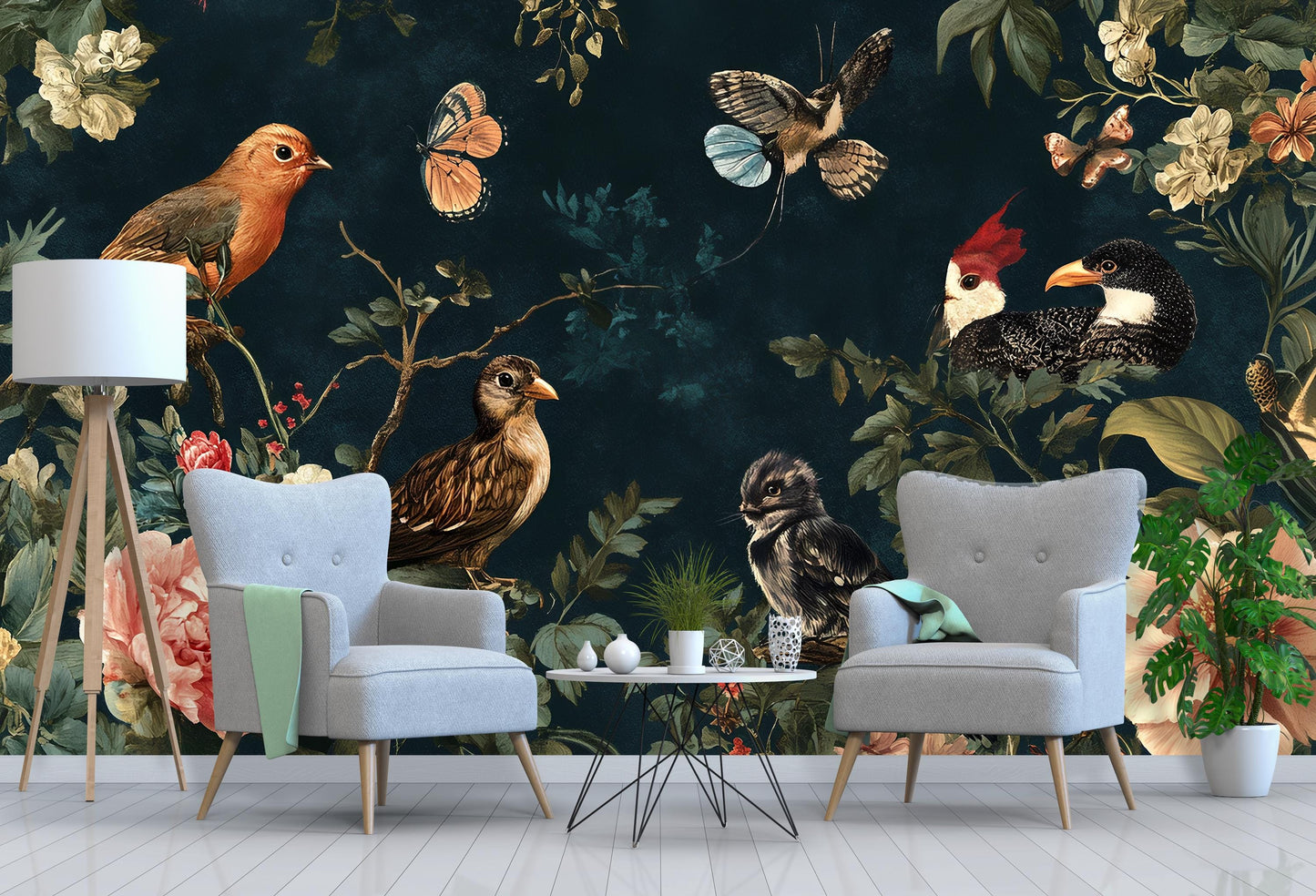 Birds & Flowers Wall Mural – Vintage Botanical Bedroom Wallpaper, Nature-Inspired Accent Wall Art Vn213