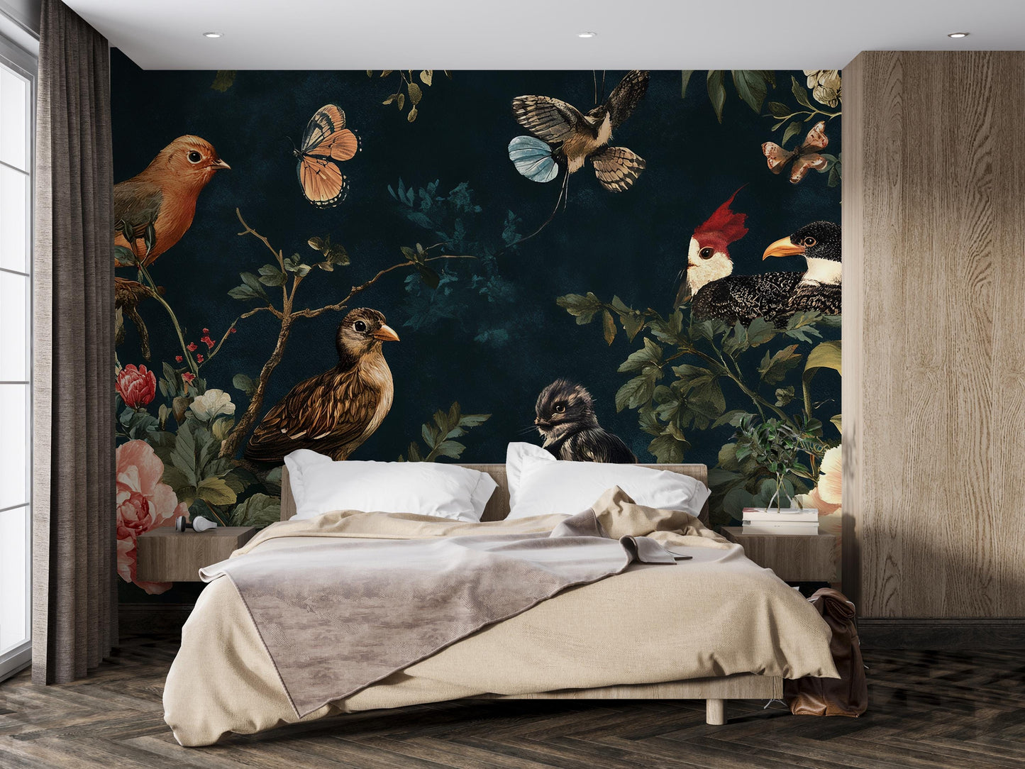 Birds & Flowers Wall Mural – Vintage Botanical Bedroom Wallpaper, Nature-Inspired Accent Wall Art Vn213