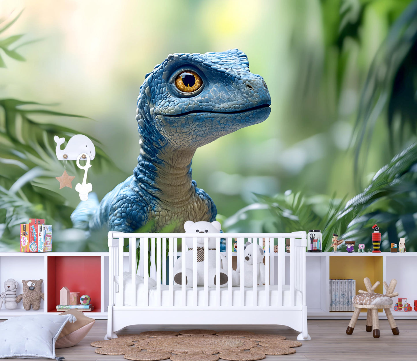 Blue Dinosaur Wall Mural for Kids Room – Realistic Raptor Jungle Wallpaper – Nursery or Playroom Decor Vn411