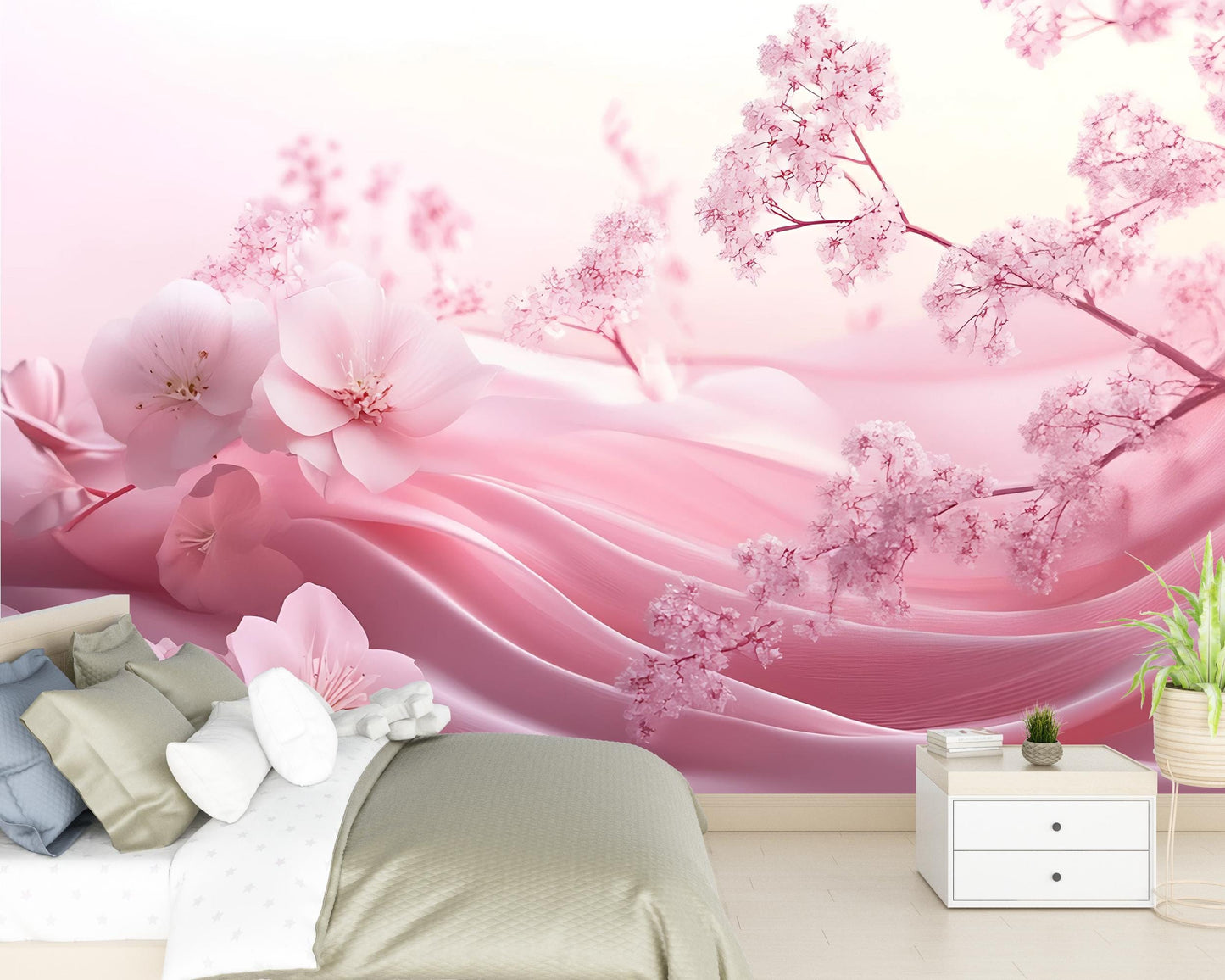 Pink Sakura Blossom Wall Mural – Romantic Floral Wallpaper – Japanese Cherry Blossom Bedroom Decor – Soft Pastel Aesthetic Vn271