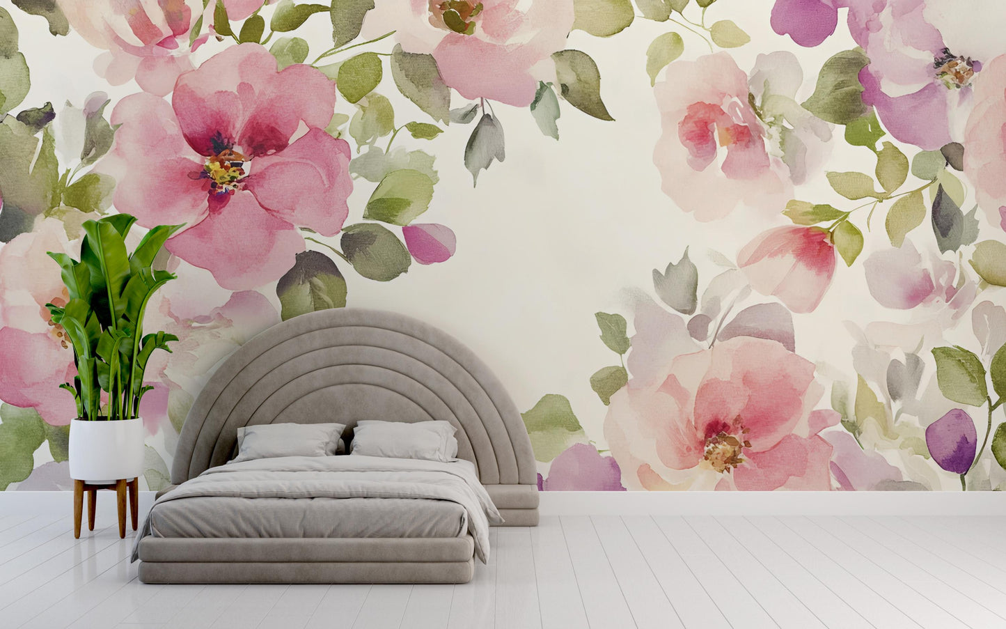Floral Watercolor Wall Mural – Large Pink Purple Flower Wallpaper – Romantic Bedroom Accent Wall Art Vn347