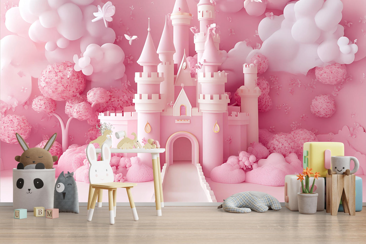Princess Castle Wall Mural for Girls Room – Pink Fairytale Wallpaper | Dreamy Kids Room Decor | Magical Nursery Art Vn364