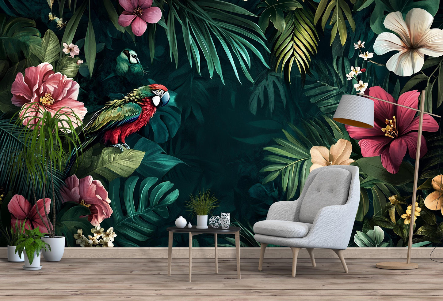 Tropical Parrot Jungle Wall Mural – Exotic Floral Wallpaper with Hibiscus & Macaw for Living Room or Office Accent Wall Vn214