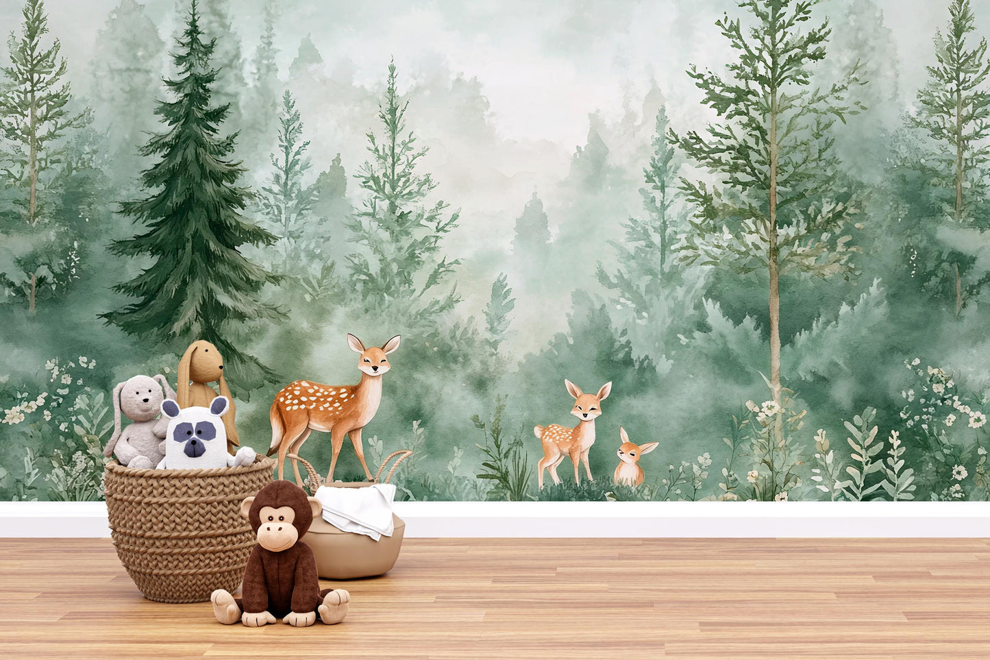 Woodland Deer Forest Wall Mural – Nursery Wallpaper for Kids Room, Removable Peel & Stick Animal Wall Art Vn263