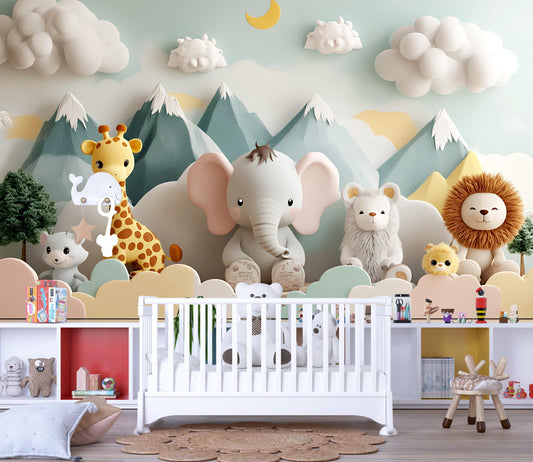 Whimsical Safari Animal Wall Mural for Kids Room β Elephant, Giraffe, Lion & More β 3D Style Nursery Wall Art Vn424