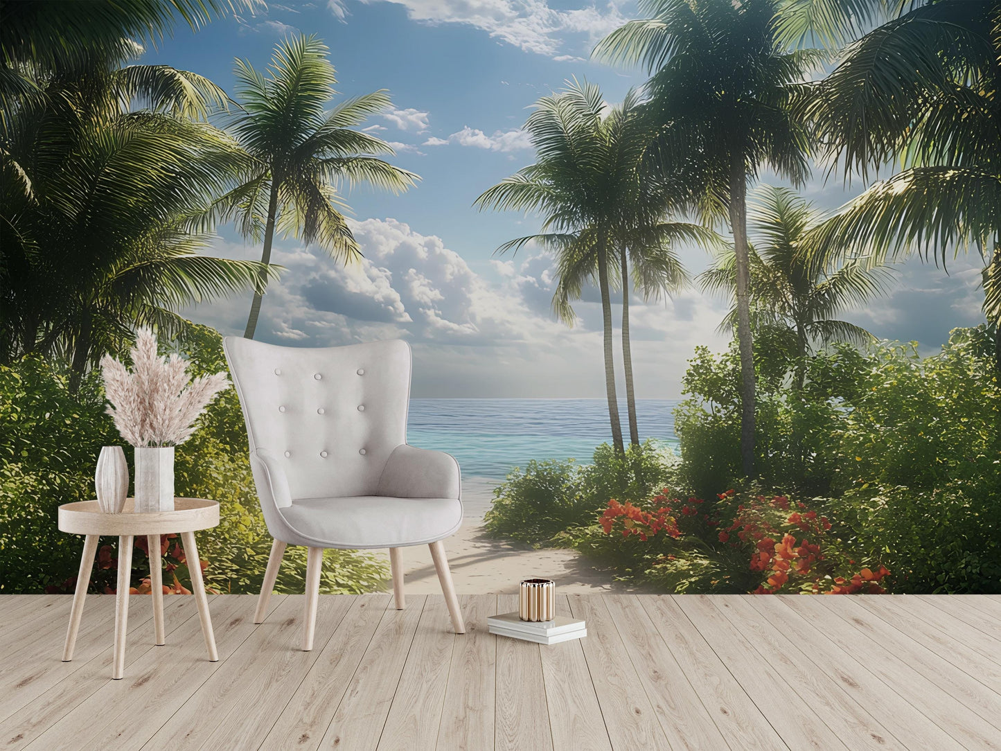Tropical Beach Wall Mural | Ocean View Palm Tree Wallpaper | Coastal Jungle Scenic Removable Wall Art Vn291