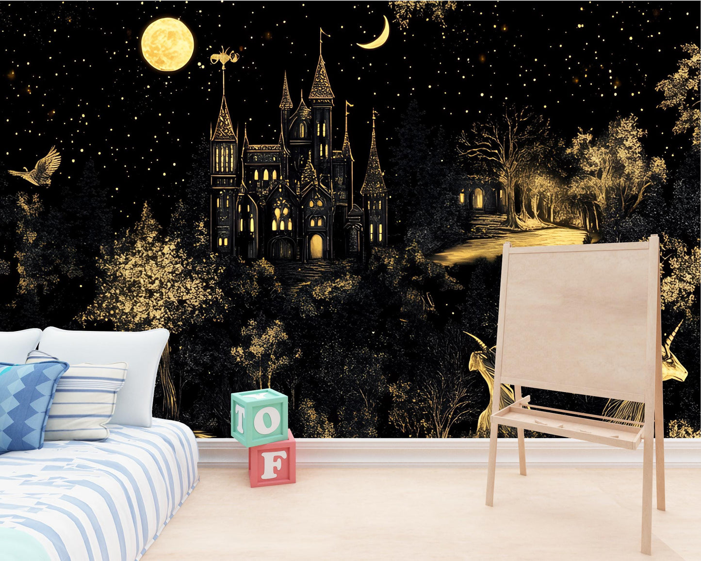 Unicorn Castle Fantasy Wallpaper Mural - Dark Forest Night Kids Room Decor Vn180