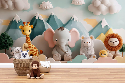 Whimsical Jungle Animal Wall Mural for Kids Room - Elephant, Giraffe, Lion Nursery Wallpaper Vn429