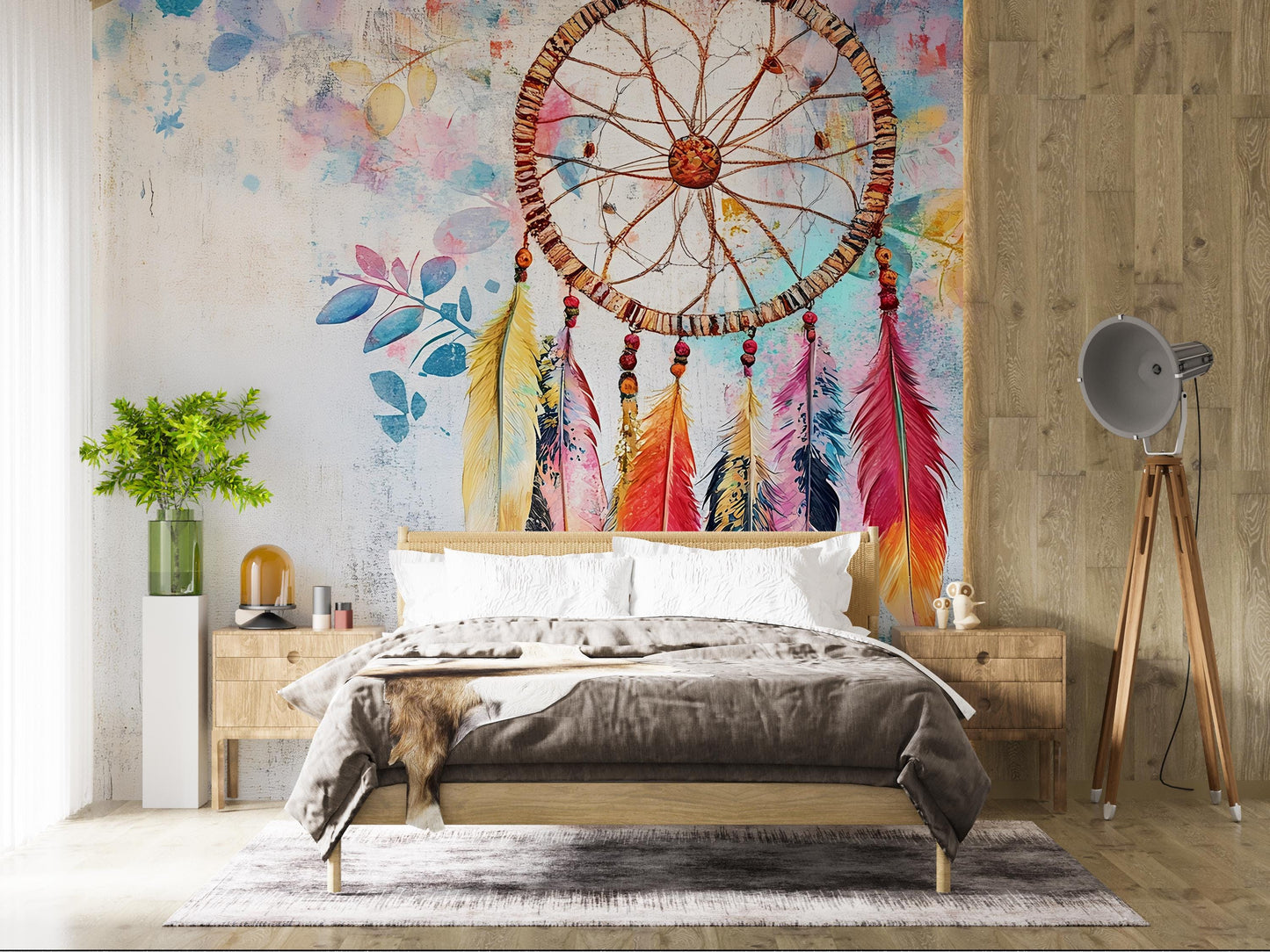 Dreamcatcher Wall Mural Boho Bedroom Decor Feather Art Large Wall Art Vn393