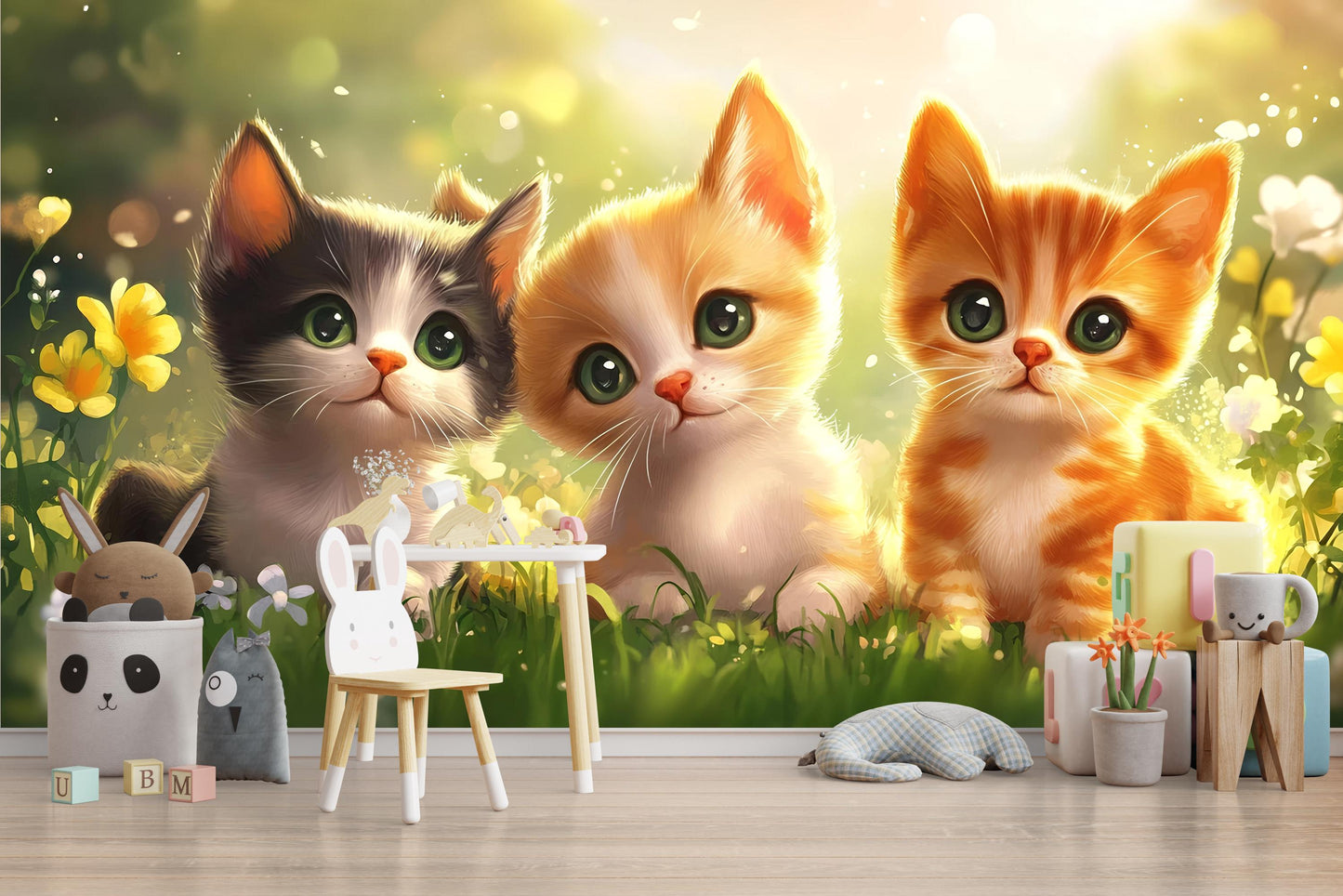 Cute Kittens Wall Mural | Adorable Cat Art for Kids Room | Nursery Animal Decor Vn318