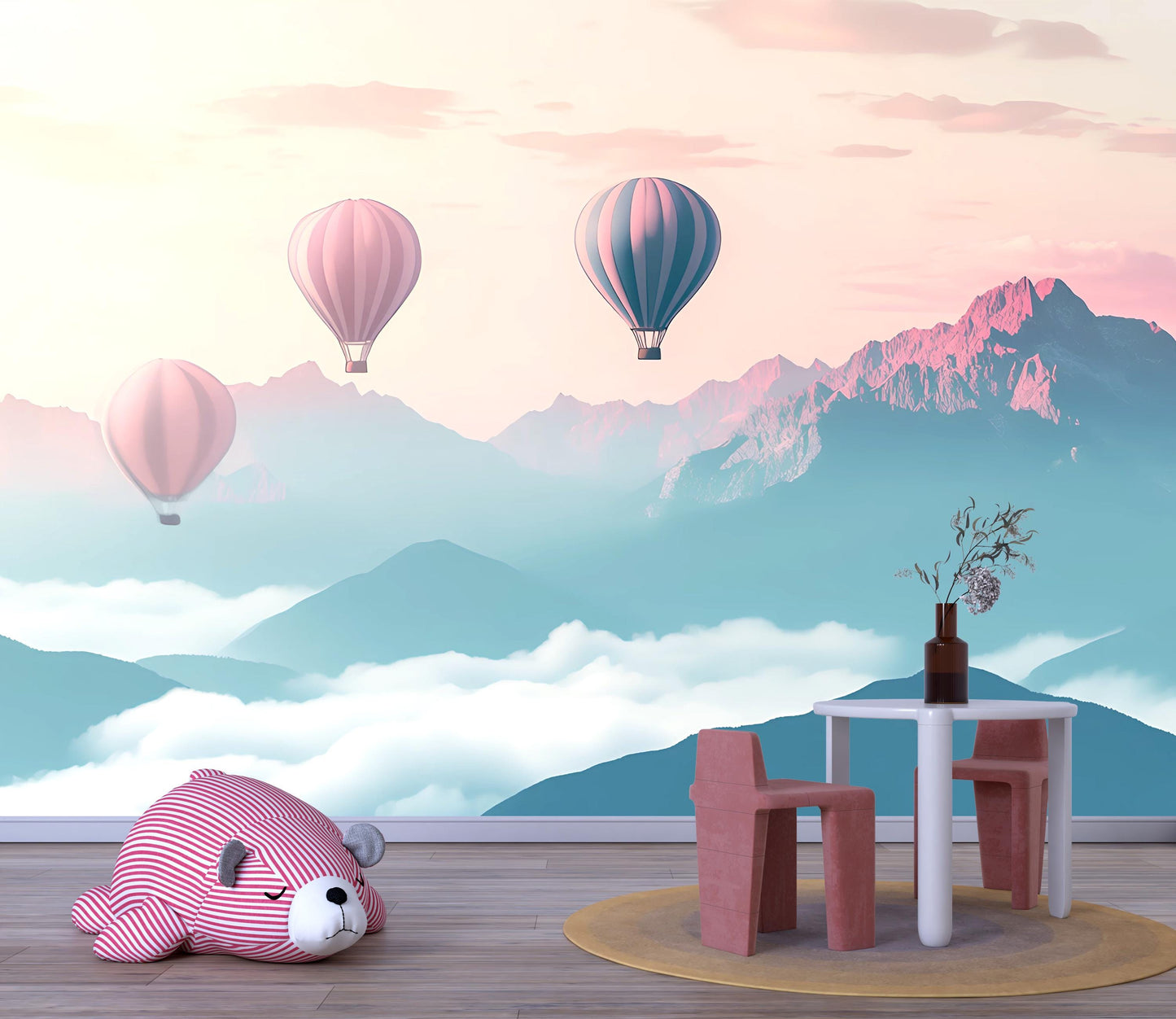 Hot Air Balloon Wall Mural for Kids Room | Pastel Mountain Nursery Wallpaper Vn380