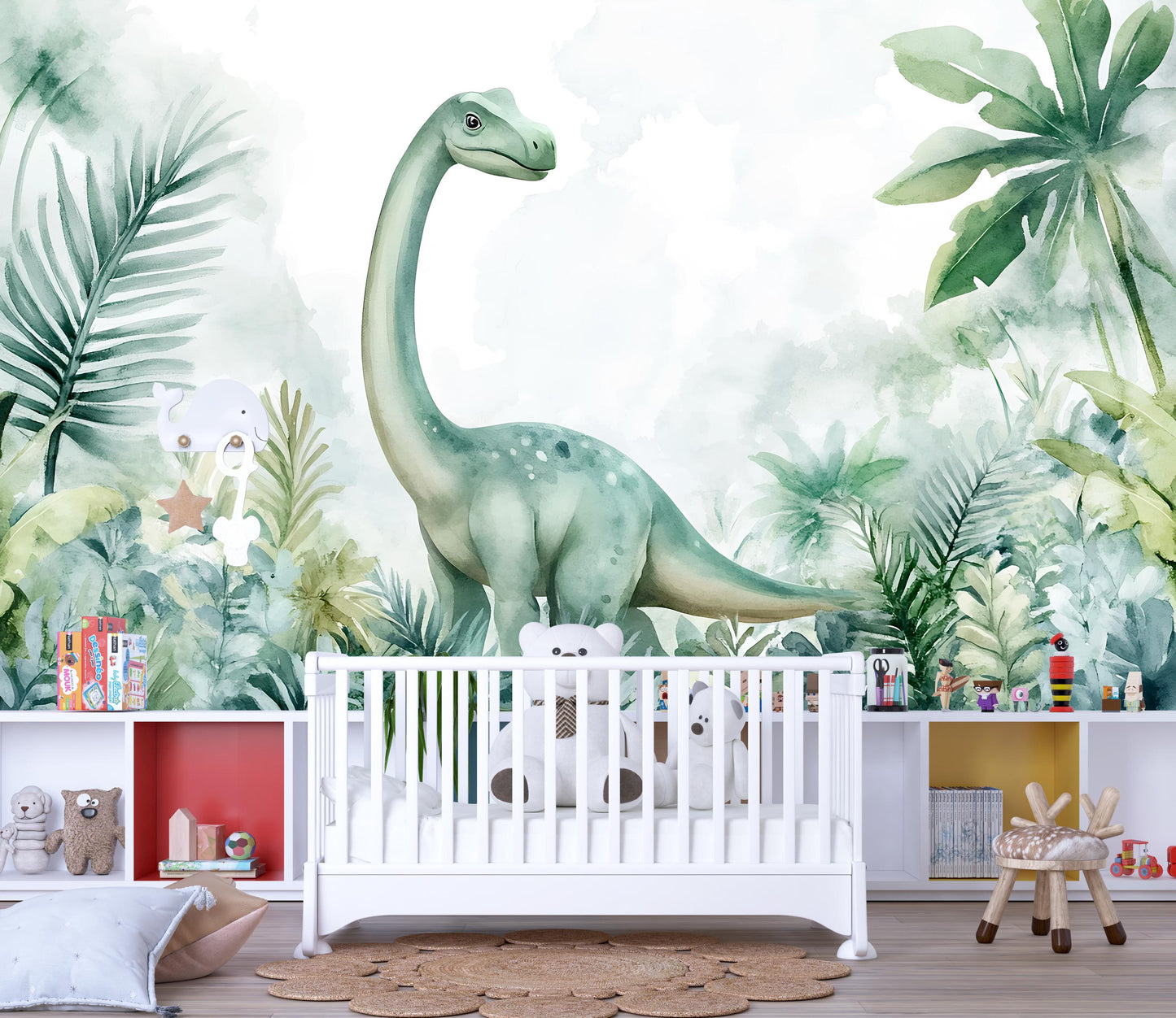 Dinosaur Wall Mural for Kids Room – Watercolor Jungle Brachiosaurus Art Vn407