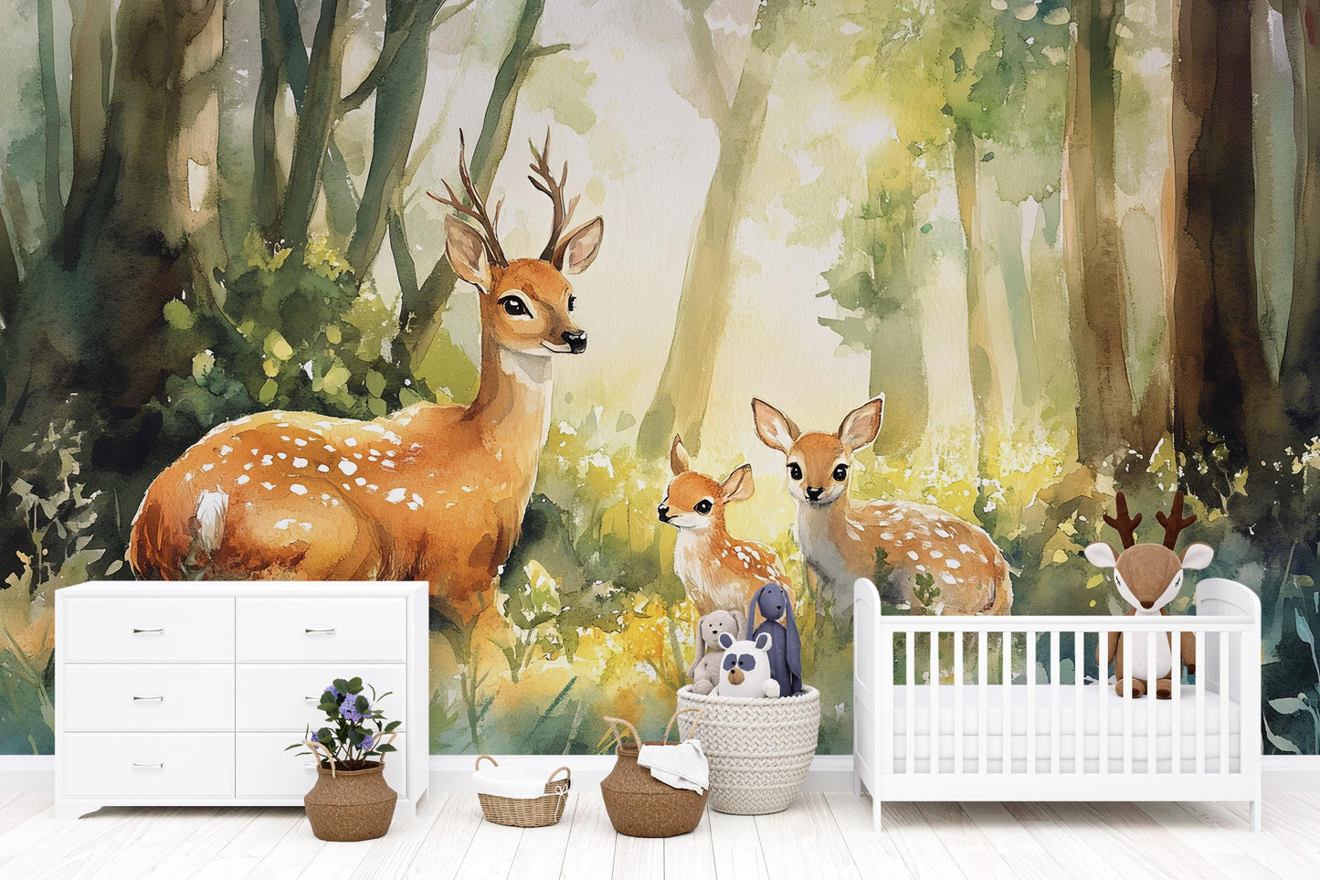 Whimsical Deer Forest Wall Mural for Kids Room – Woodland Nursery Wallpaper – Baby Room Animal Art – Removable Peel and Stick Vn336