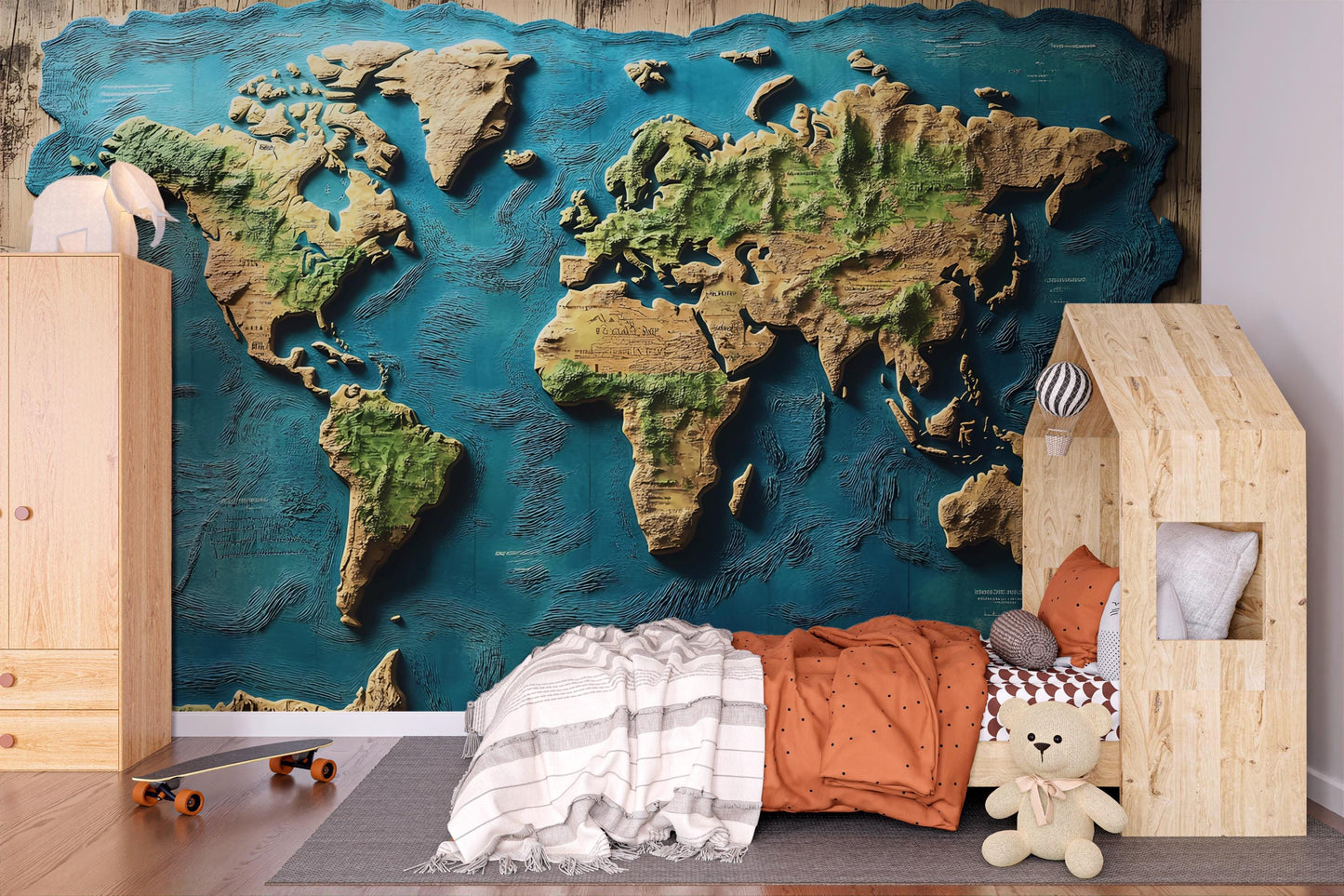 3D World Map Wall Mural | Textured Earth Map Wallpaper | Rustic Travel Bedroom Decor | Large Topographic Map Art Vn421
