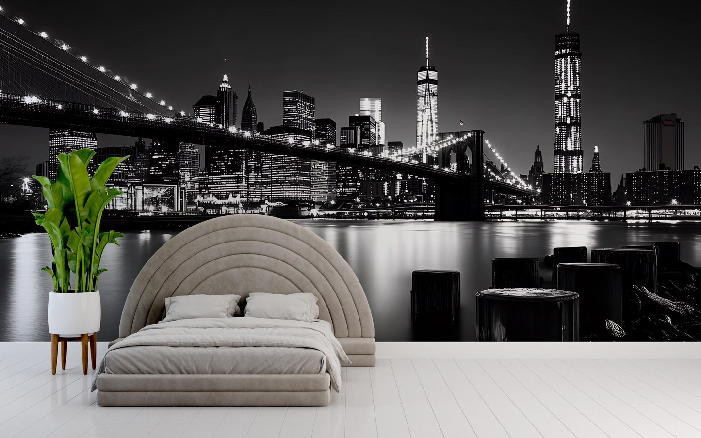NYC Skyline Wall Mural | Black and White Cityscape Wallpaper | Modern Urban Bedroom Decor | Brooklyn Bridge Night Scene Vn369