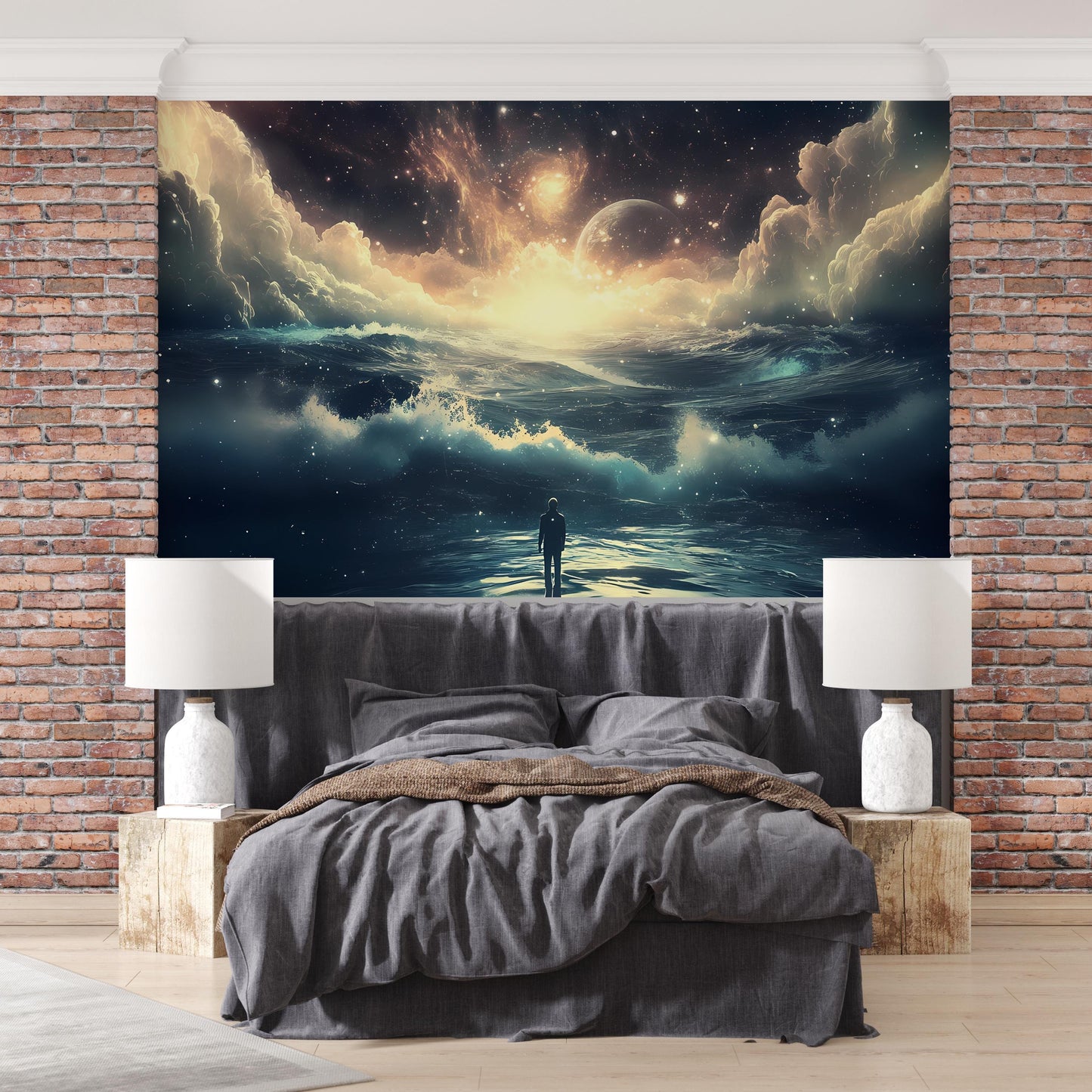 Surreal Ocean Galaxy Wall Art – Cosmic Sunset Seascape Mural with Stars, Planets & Waves – Dreamy Sci-Fi Fantasy Home Vn023