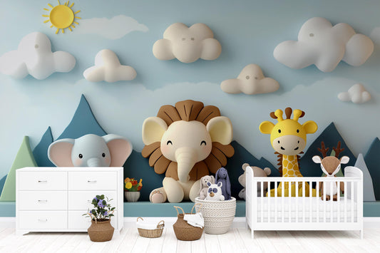 Safari Animal Nursery Wall Art – Jungle Theme Baby Room Decor, 3D Effect Safari Mural with Lion, Elephant, Giraffe Vn430