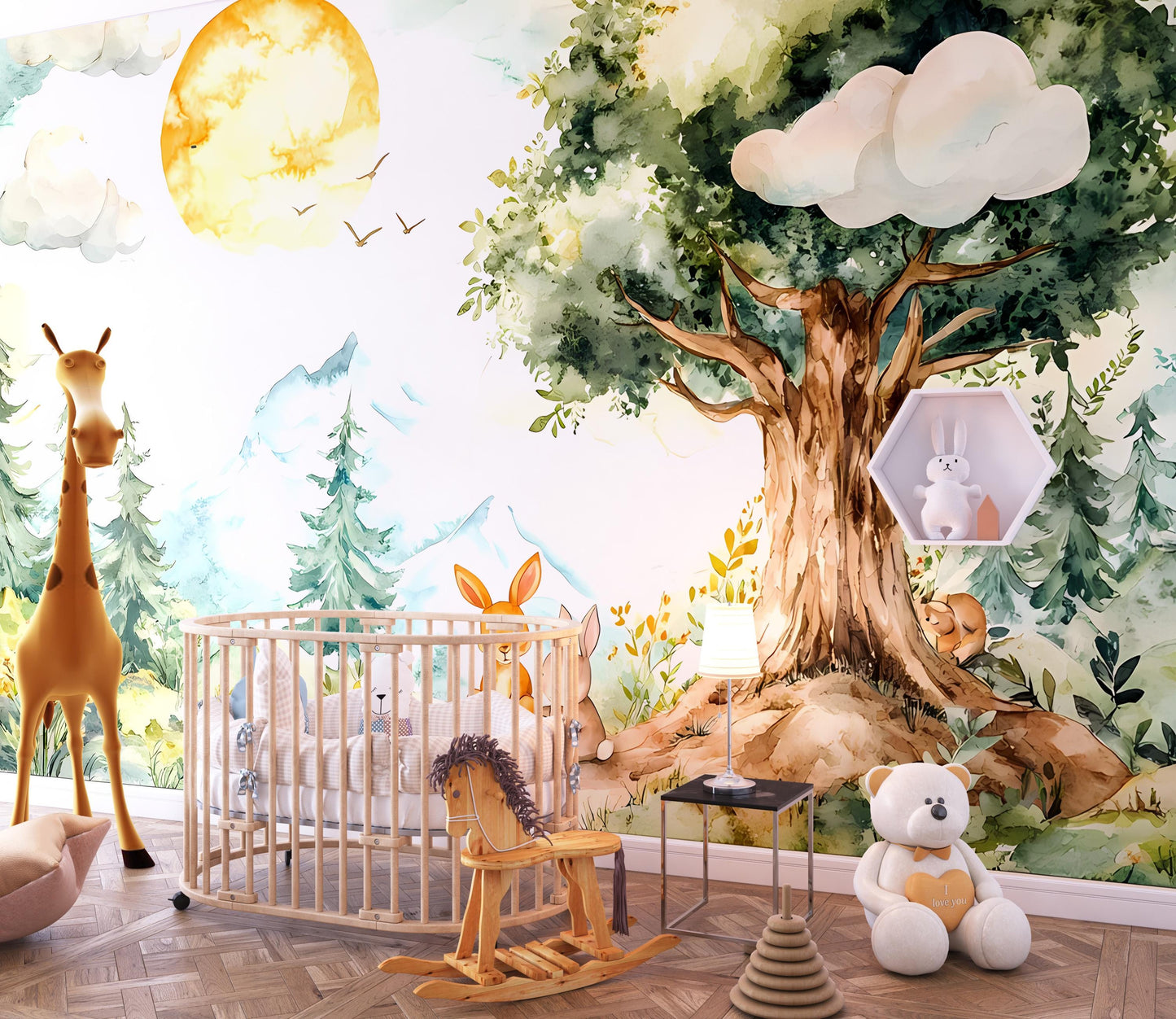 Woodland Forest Nursery Wall Mural, Animal Tree Crib Background, Nature Baby Room Wallpaper Vn001