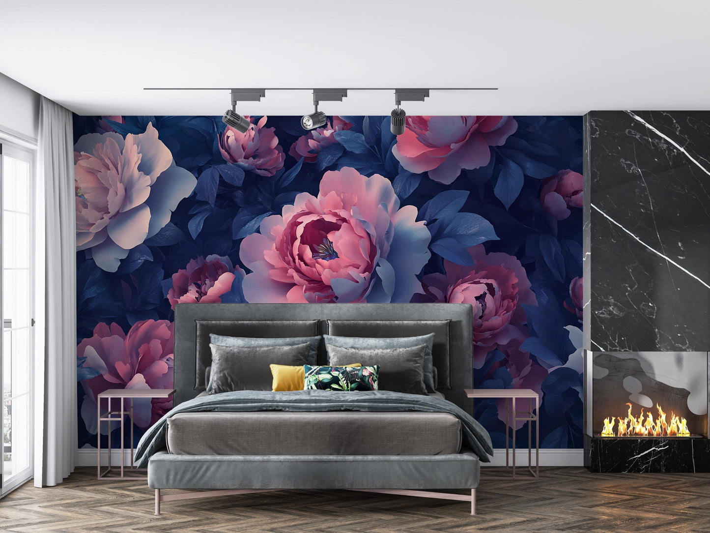 Large Floral Wall Mural | Dark Peony Flower Wallpaper | Romantic Bedroom Wall Art | Removable Peel & Stick Mural Vn466
