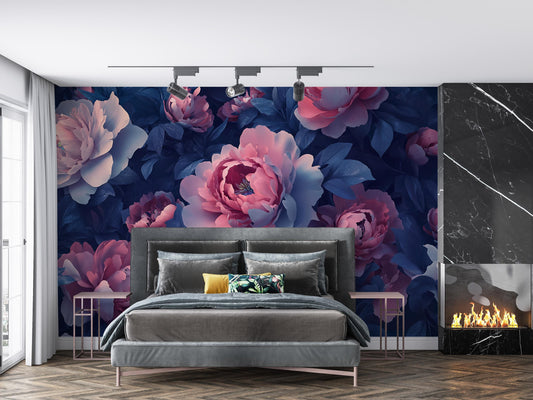 Large Floral Wall Mural | Dark Peony Flower Wallpaper | Romantic Bedroom Wall Art | Removable Peel & Stick Mural Vn466