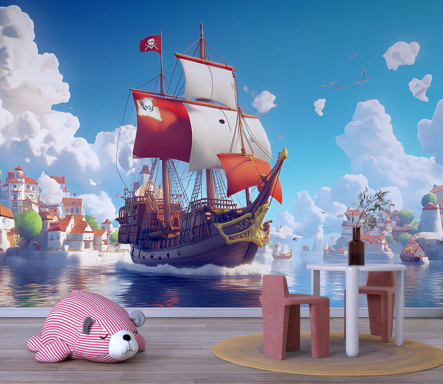 Pirate Ship Wall Mural for Kids Room – Ocean Adventure Wallpaper – Nautical Nursery Decor – Removable Vinyl Art Vn 305