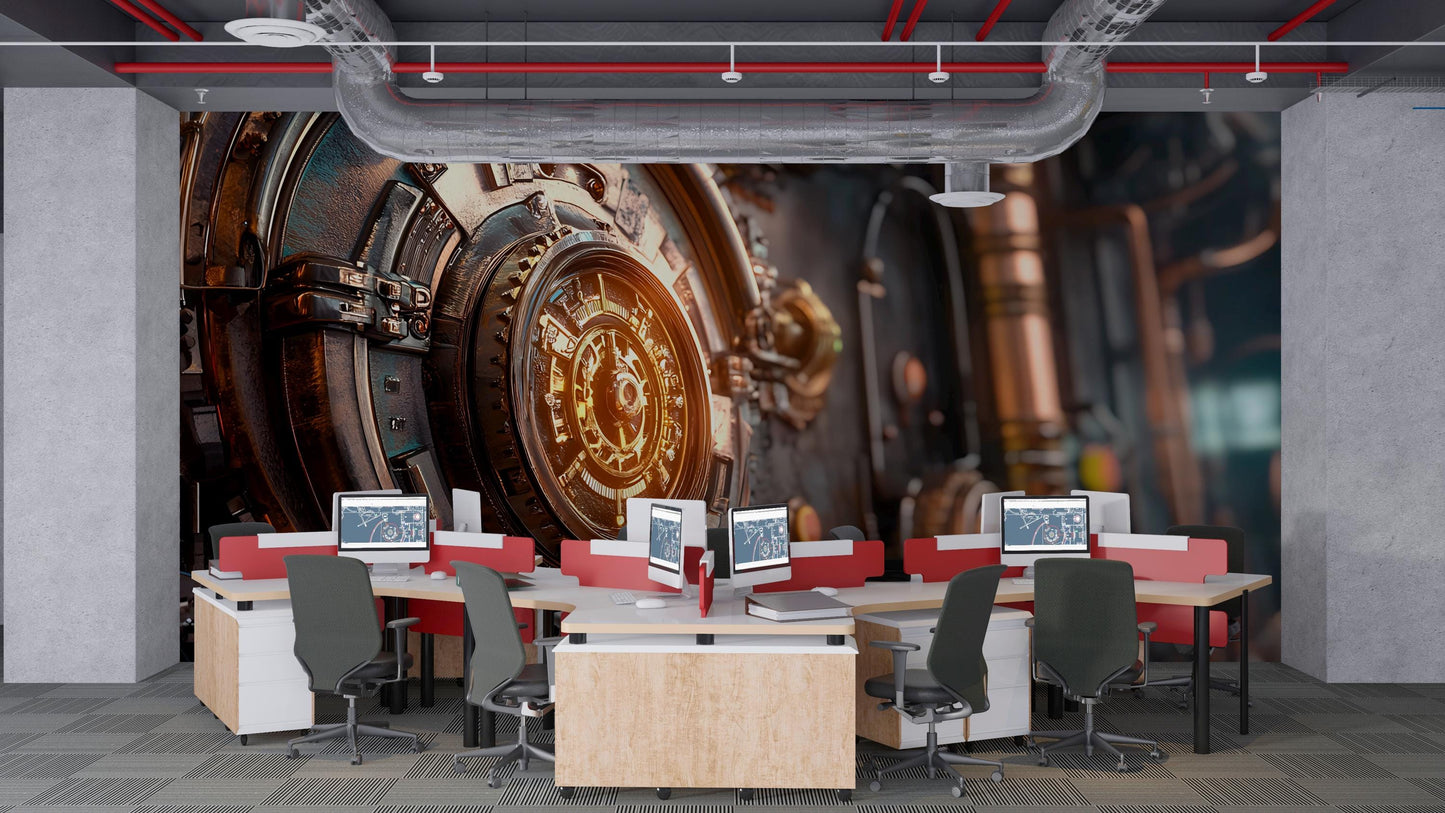 Steampunk Vault Wall Mural – Industrial Office Decor, Futuristic Steampunk Art for Home or Workplace, High-Detail Printable Artwork Vn382