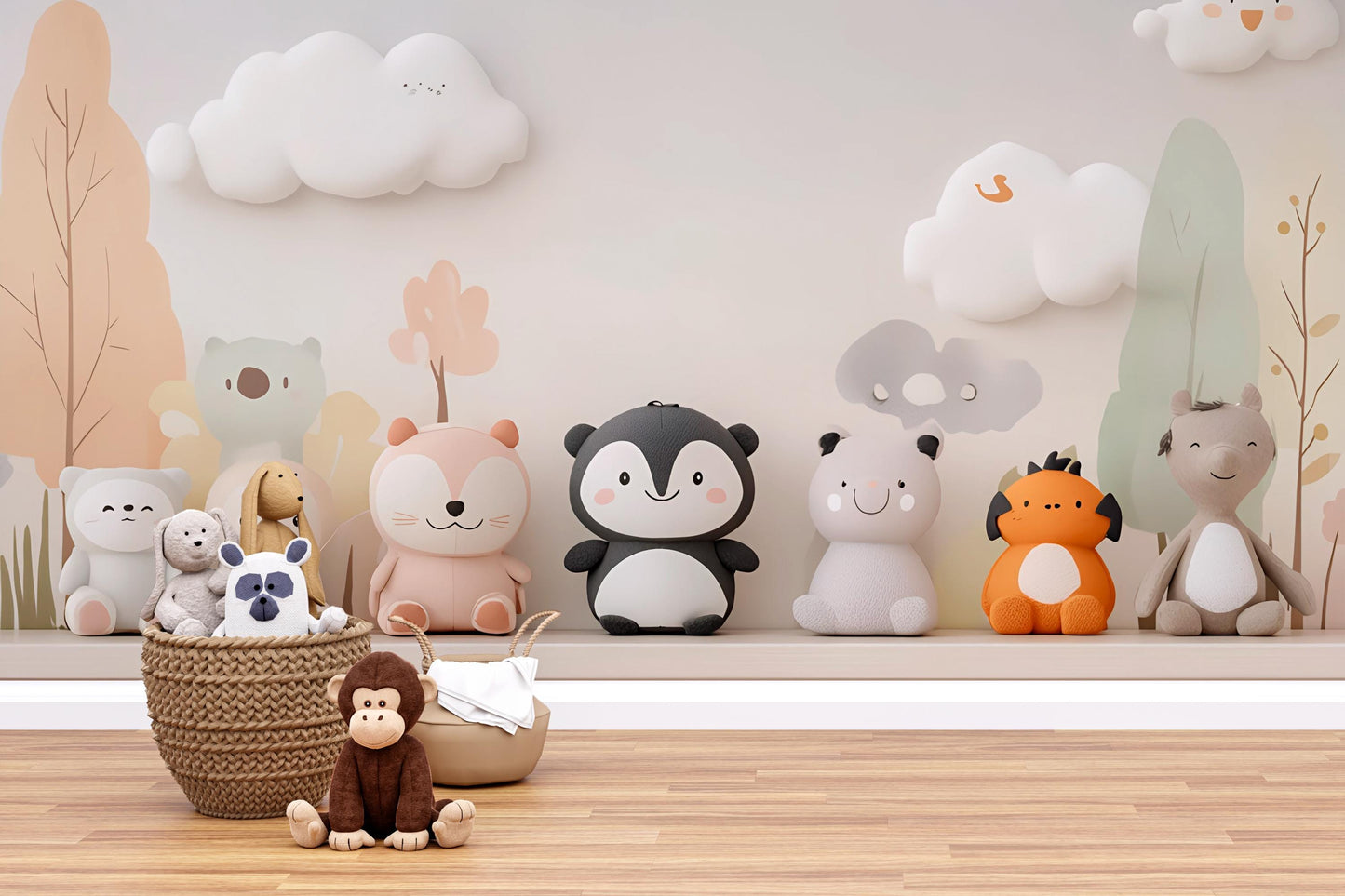 Cute Animal Plush Toy Set | Nursery Shelf Decor | Soft Stuffed Toys for Baby Room | Gender Neutral Pastel Kids Room Decor Vn427