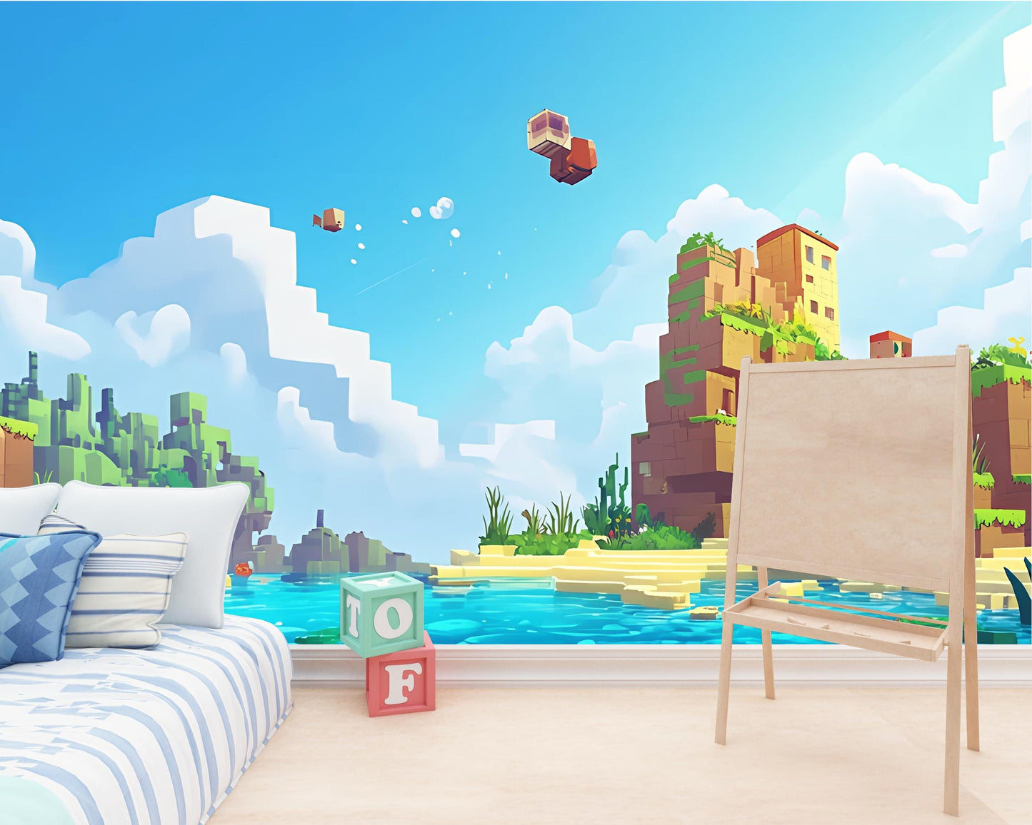 Minecraft Style Kids Wall Mural - Pixel Art Lake Scene Wallpaper - Boys Room Decor Vn280