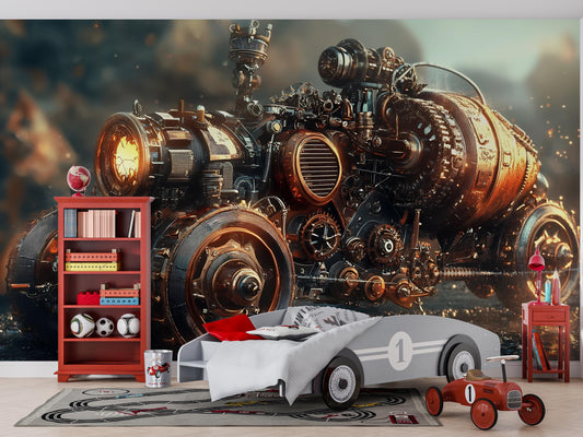 Steampunk Engine Wall Mural – Industrial Futuristic Art Print | Sci-Fi Bedroom Decor | Dark Fantasy Wall Art | Steampunk Home Accent Vn377