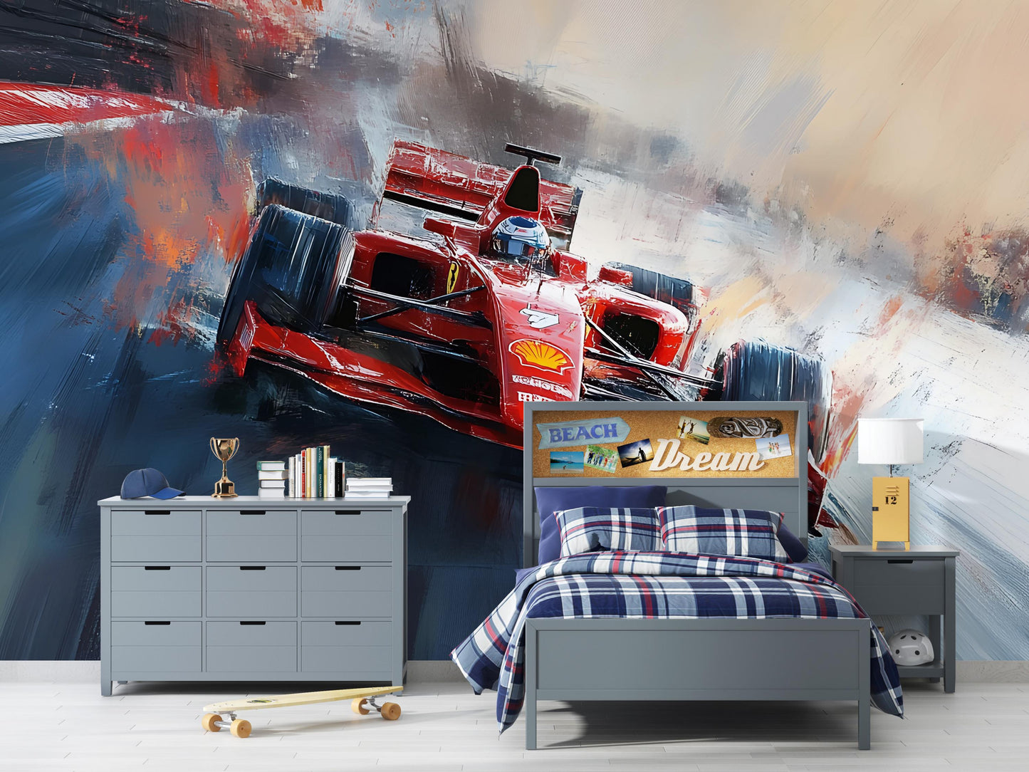 Race Car Wall Mural for Boys Room – Red Formula 1 Style Kids Decor, Sports Car Wallpaper, Racing Bedroom Theme Art Vn372